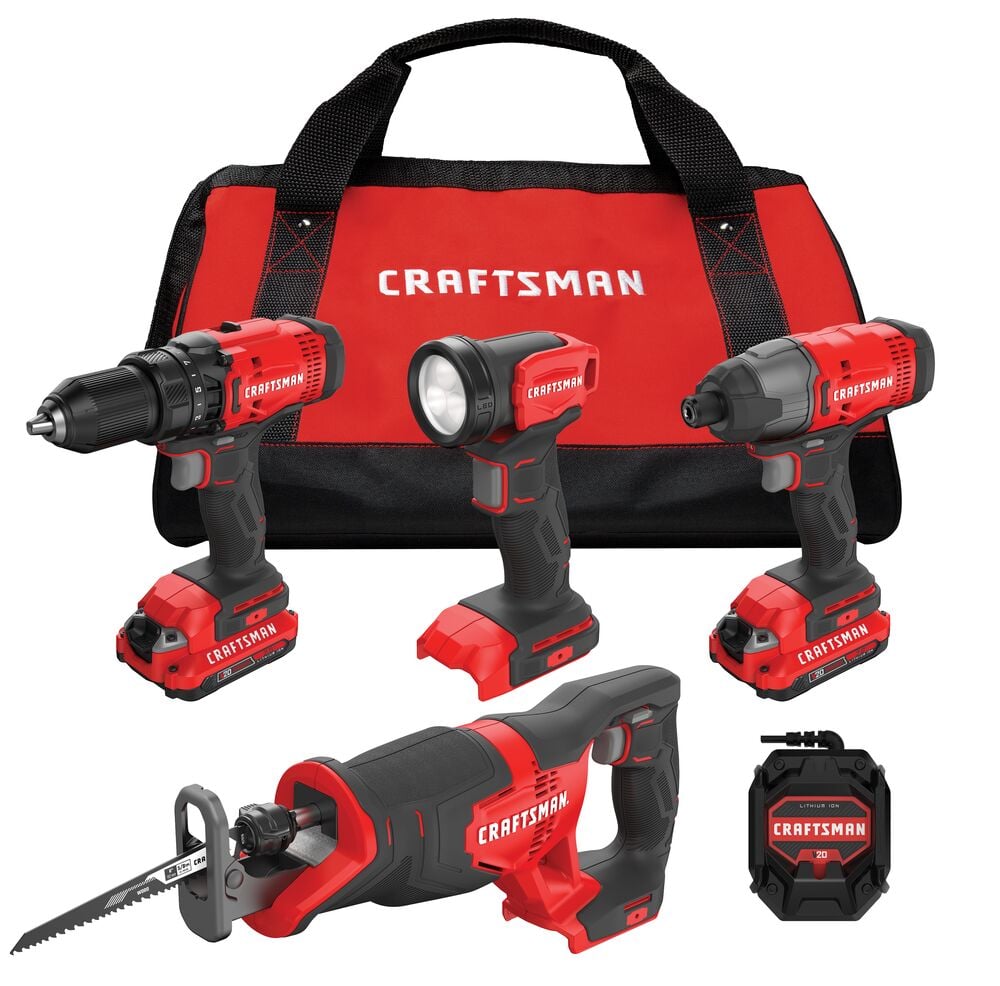 Craftsman CMCK400D2 cordless tool kit with drill, impact driver, flashlight, saw, battery and red carrying bag, front angle.