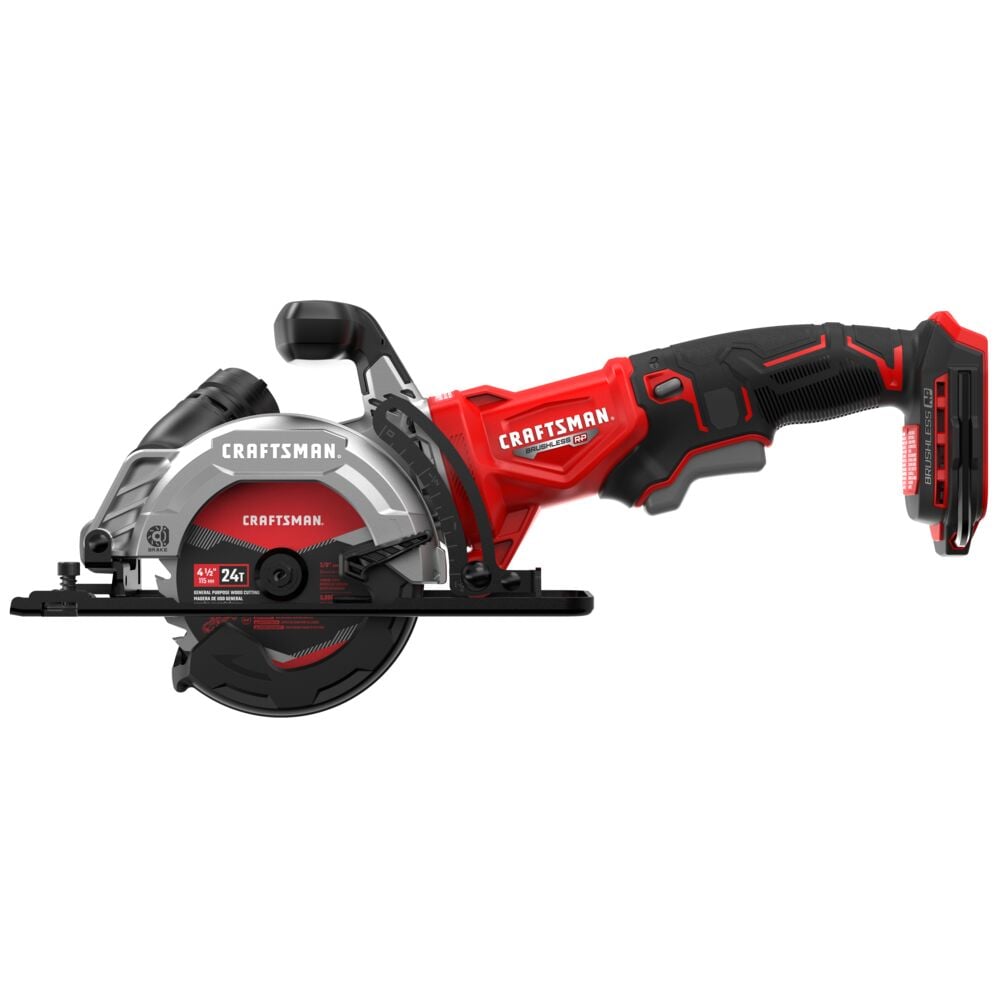 Craftsman cordless circular saw CMCS405B, side angle, red and black body, silver blade guard.