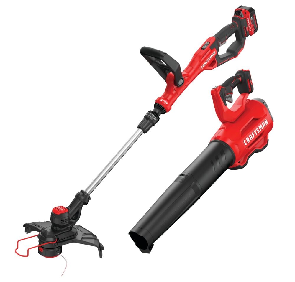 Craftsman cordless string trimmer and blower combo kit CMCK297M1 white background beauty shot angled view