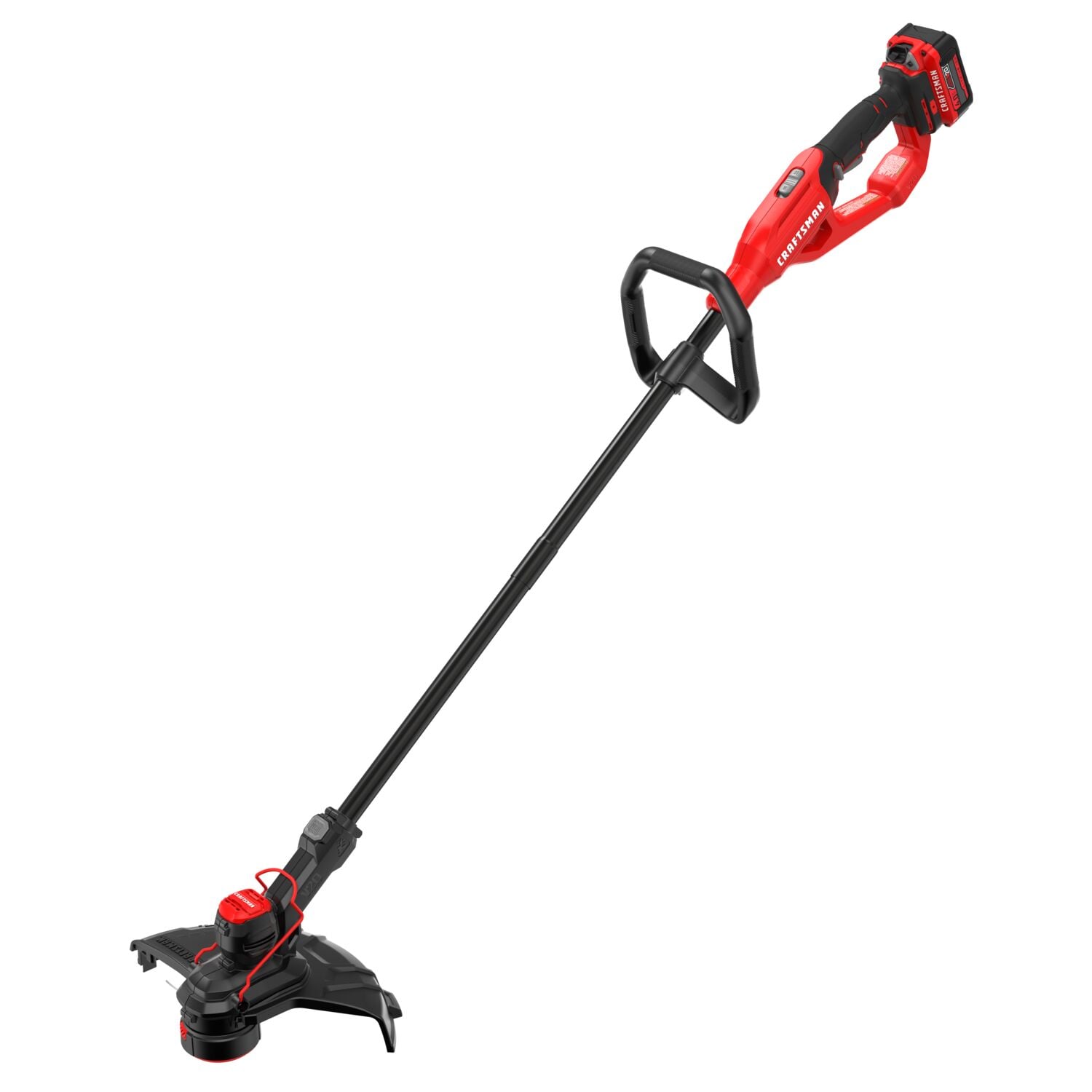 A red and black cordless string trimmer, used for lawn care and edging, featuring a long handle and a loop grip.