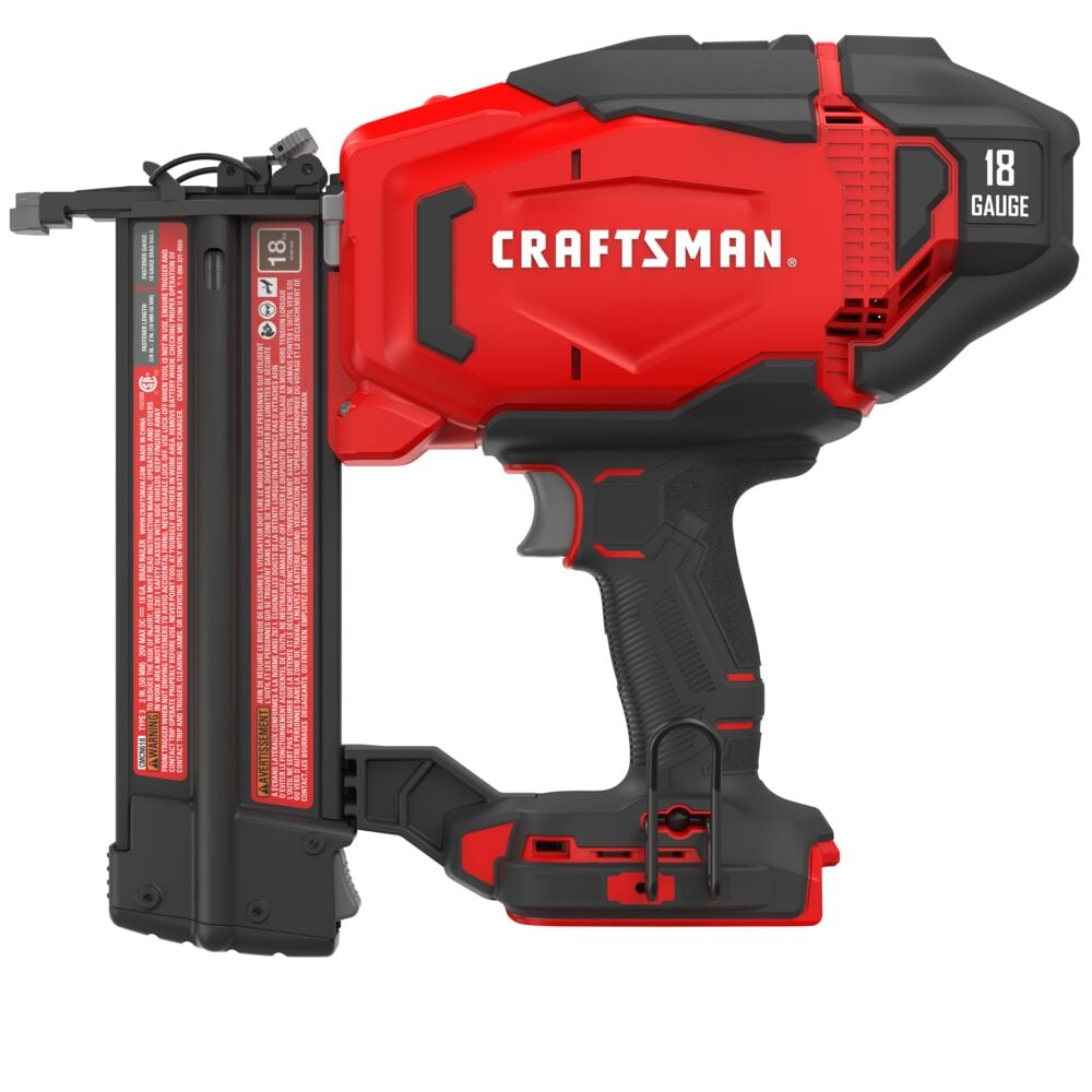 Photo of CRAFTSMAN 18-gauge cordless brad nailer, model CMCN618B, side view on white background.