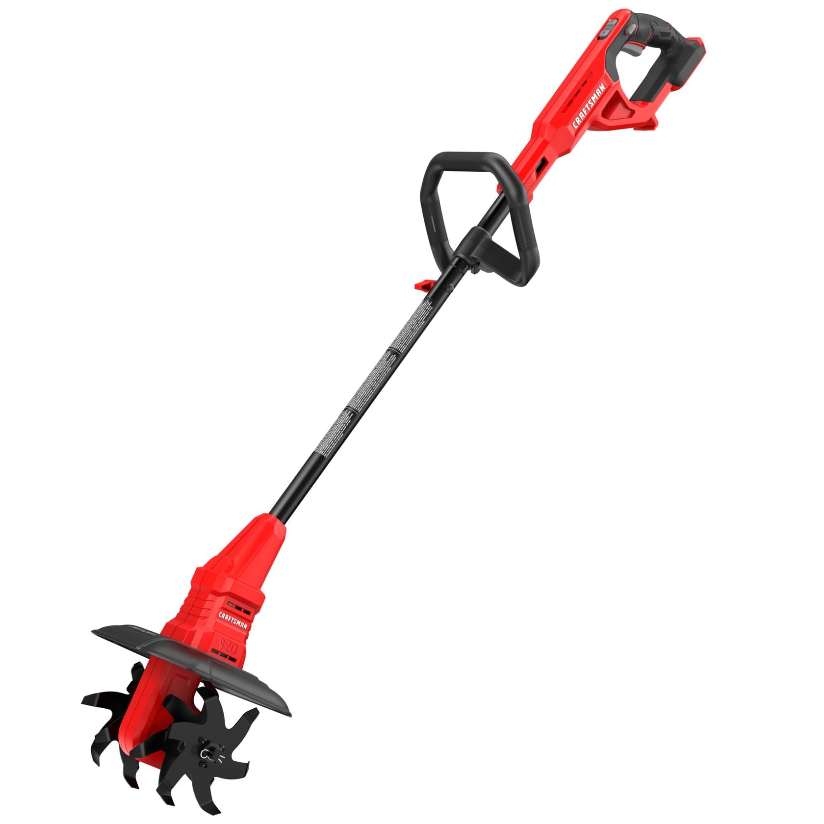 Photo of Craftsman CMCTL320B cordless garden cultivator, red and black, angled on white background.