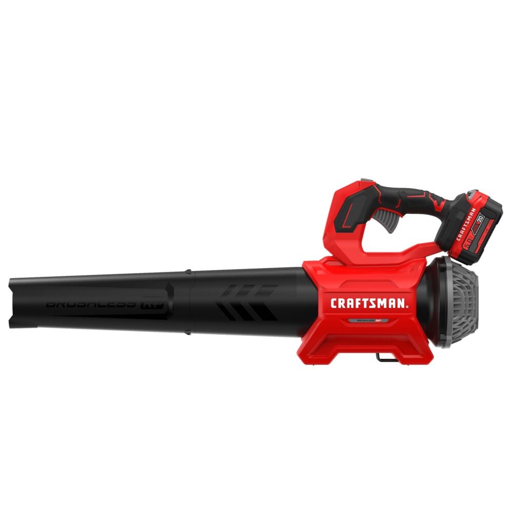 A cordless leaf blower with a red and black design, featuring the brand name 'Craftsman' on the side. The blower has a battery attached at the handle.