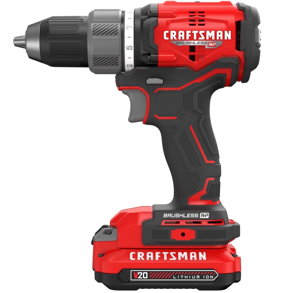 A CRAFTSMAN brand cordless power drill with a red and black design, brushless motor, and V20 lithium ion battery.