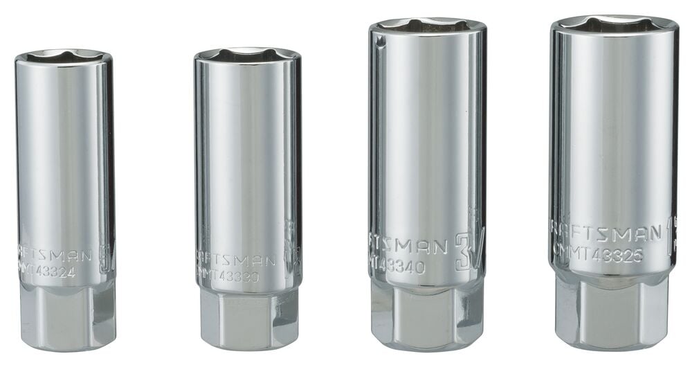 Four chrome deep socket wrenches in different sizes, standing upright side by side against a white background.