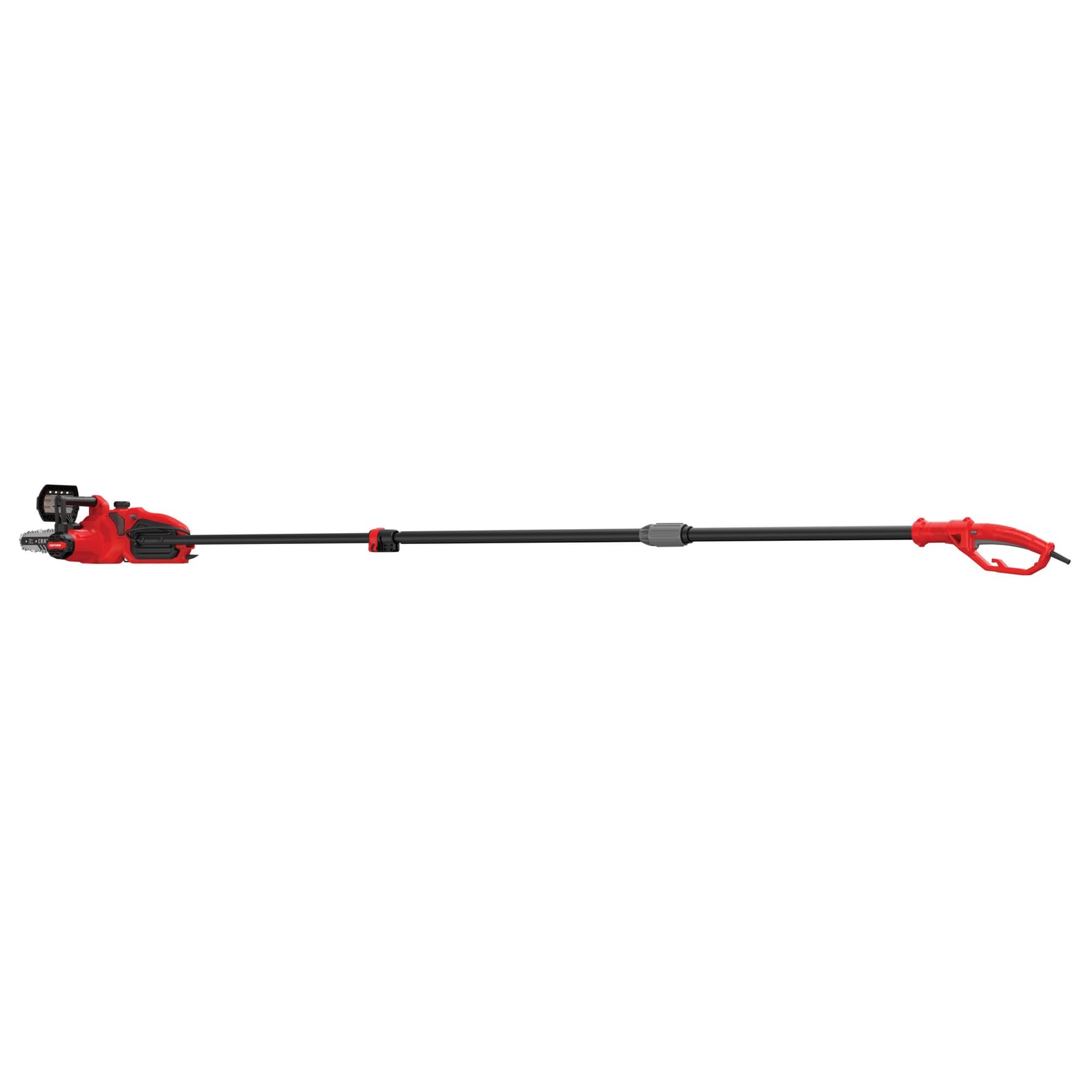 Craftsman CMECSP610 red electric pole saw, side view, showing long black extension and cutting blade.