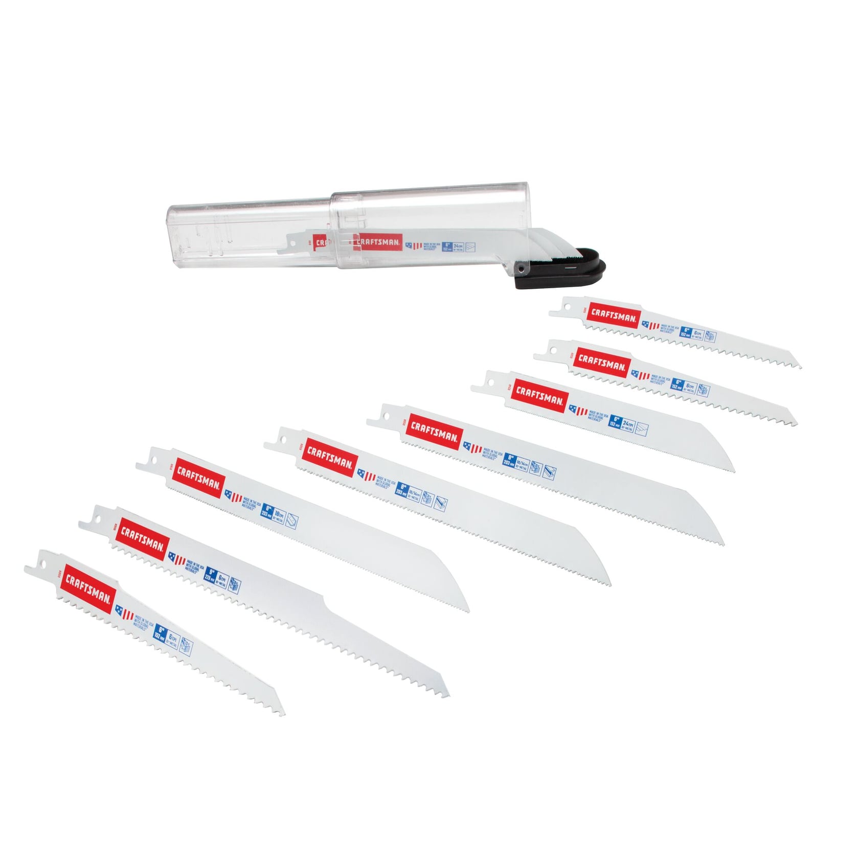 Photo of CRAFTSMAN 2058838 reciprocating saw blade set with eight white blades and clear storage case, product on white background.