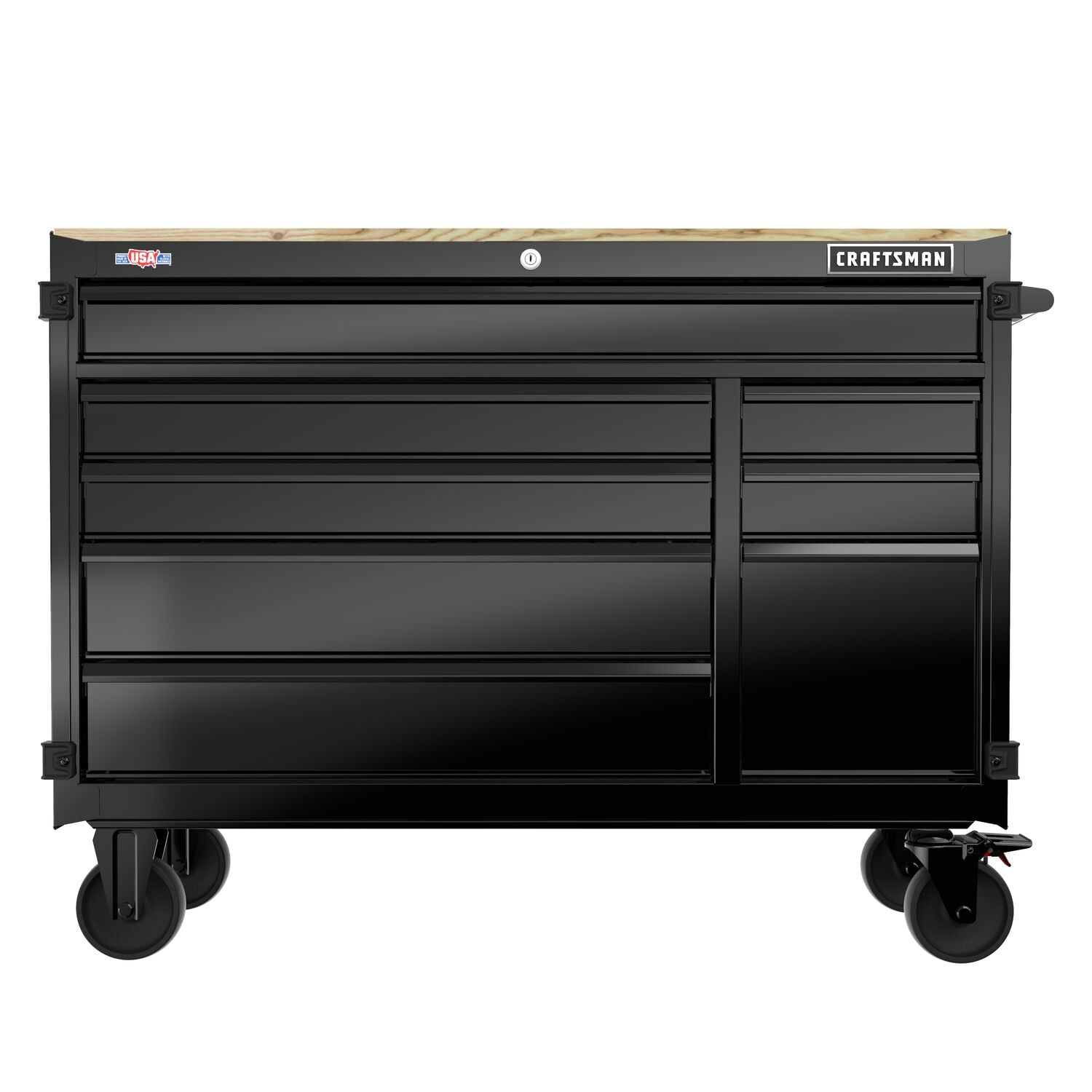 A large black rolling tool chest with multiple drawers and a light wood top, featuring caster wheels for mobility. The chest is labeled with the brand 'Craftsman' on the top right.