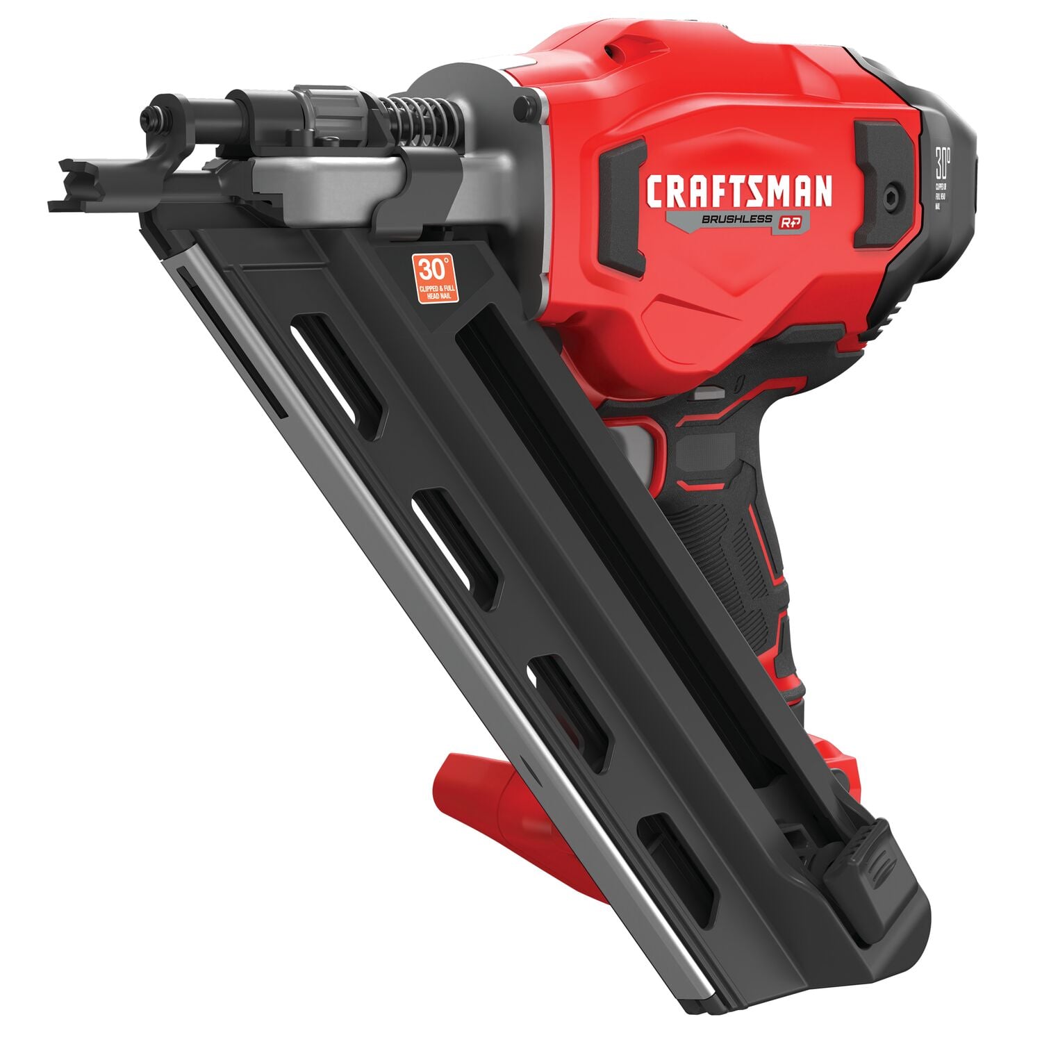 Craftsman brushless framing nailer CMCNBLP933D1 white background beauty shot front left angle.