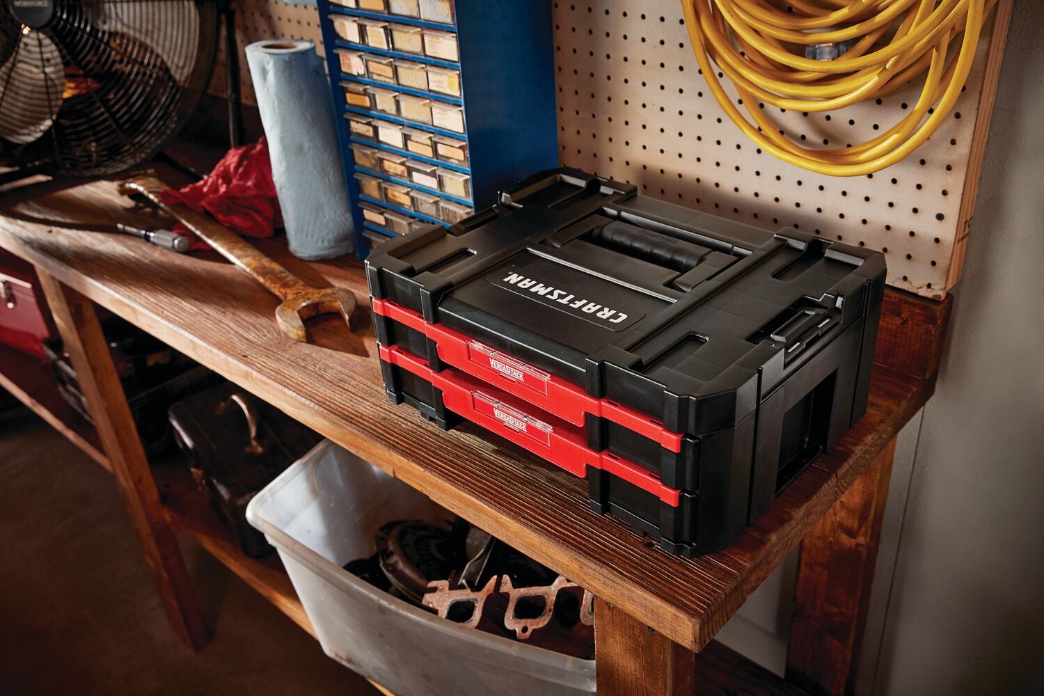 Versastack double shallow drawers placed on a table.