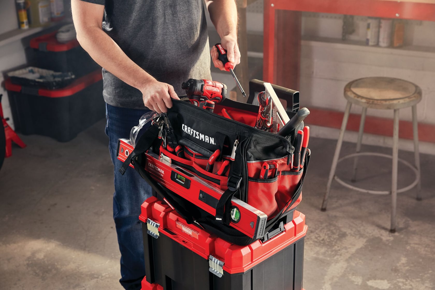 Versastack 17 inch tool bag being used to store items.