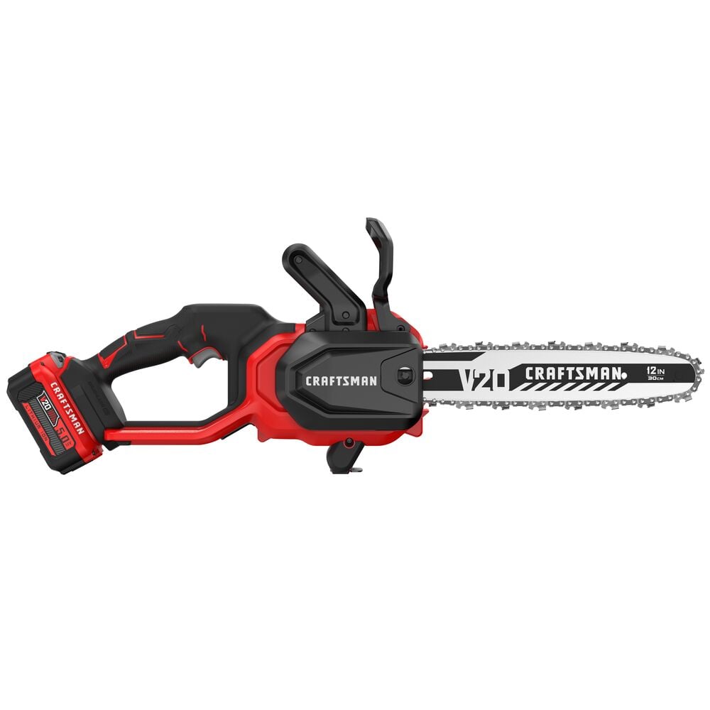 A Craftsman V20 12-inch cordless chainsaw with a red and black design, battery attached at the rear, and safety guard on top.