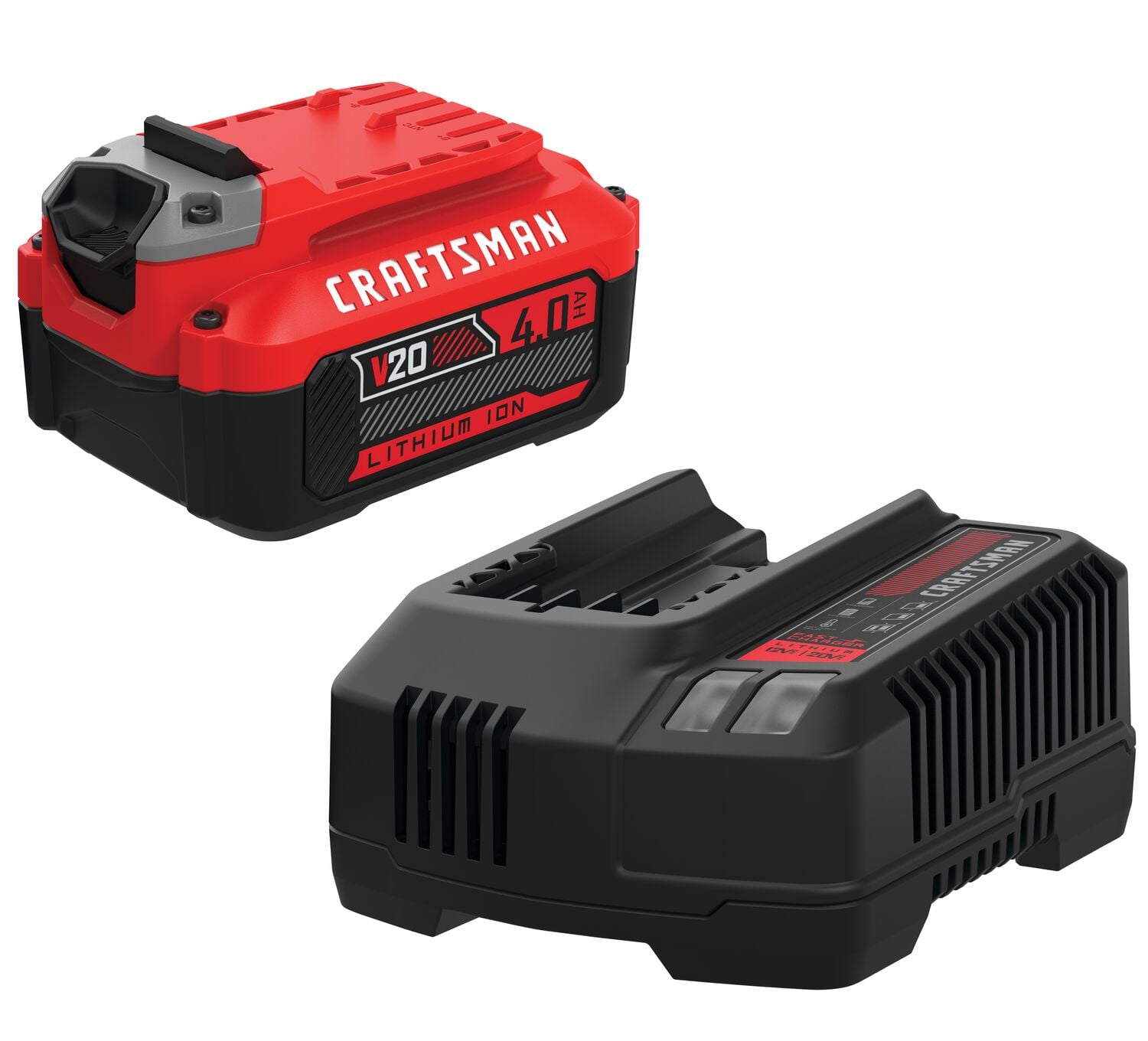 Craftsman V20 4.0Ah lithium ion battery and charger CMCB204-CK white background beauty shot angled view
