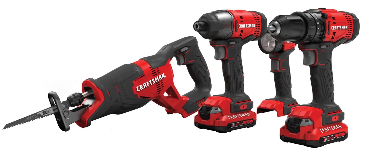 Craftsman cordless power tool set with reciprocating saw, impact driver, and drill CMCK300D3 white background beauty shot front angle.