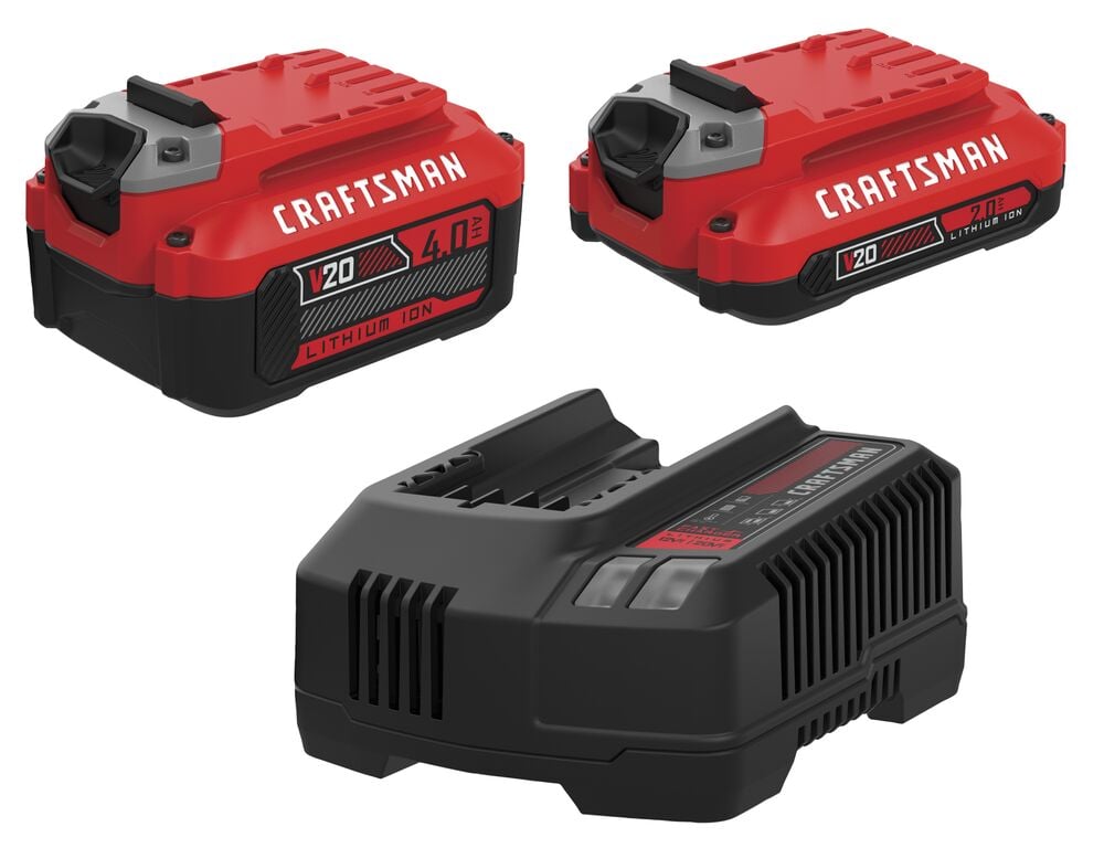 Image showing two Craftsman V20 lithium-ion batteries and a matching battery charger. The batteries are red and black, with one labeled 4.0Ah and the other labeled 2.0Ah.