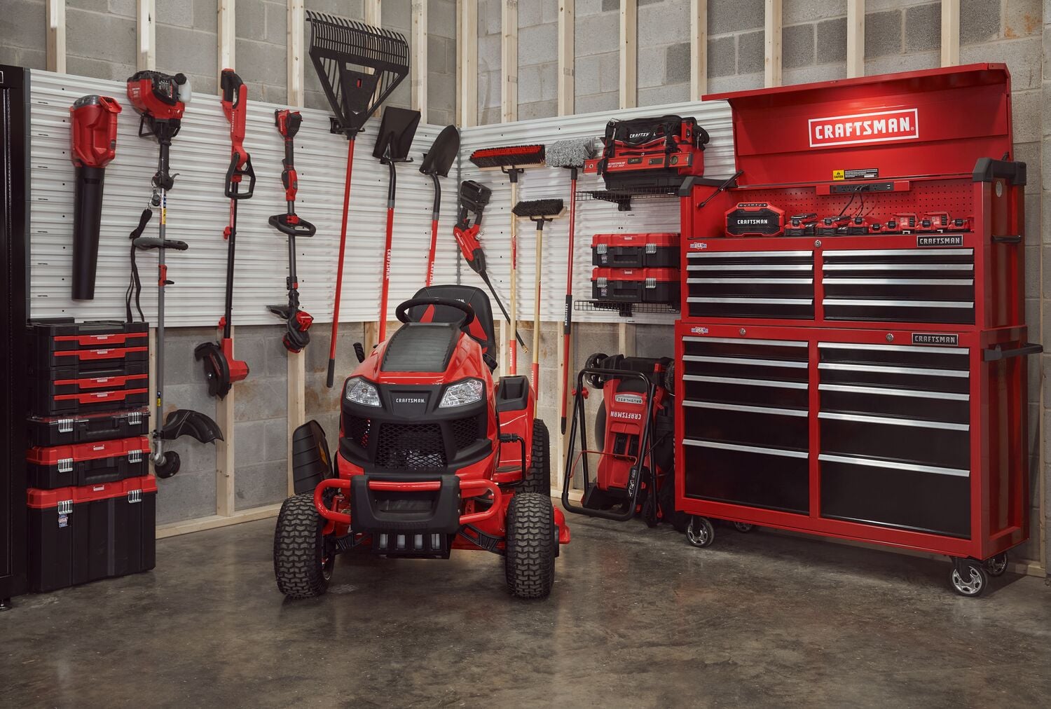 Garage filled with CRAFTSMAN storage, power tools, outdoor products, hand tools, and accessories.