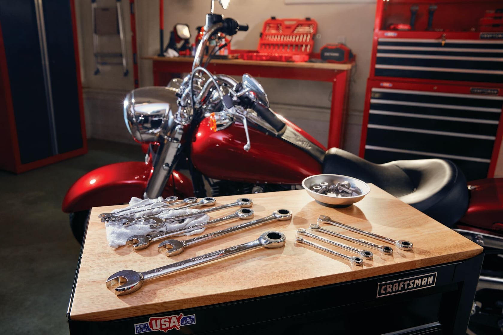 11 piece S A E ratcheting combination wrench set at a workshop.