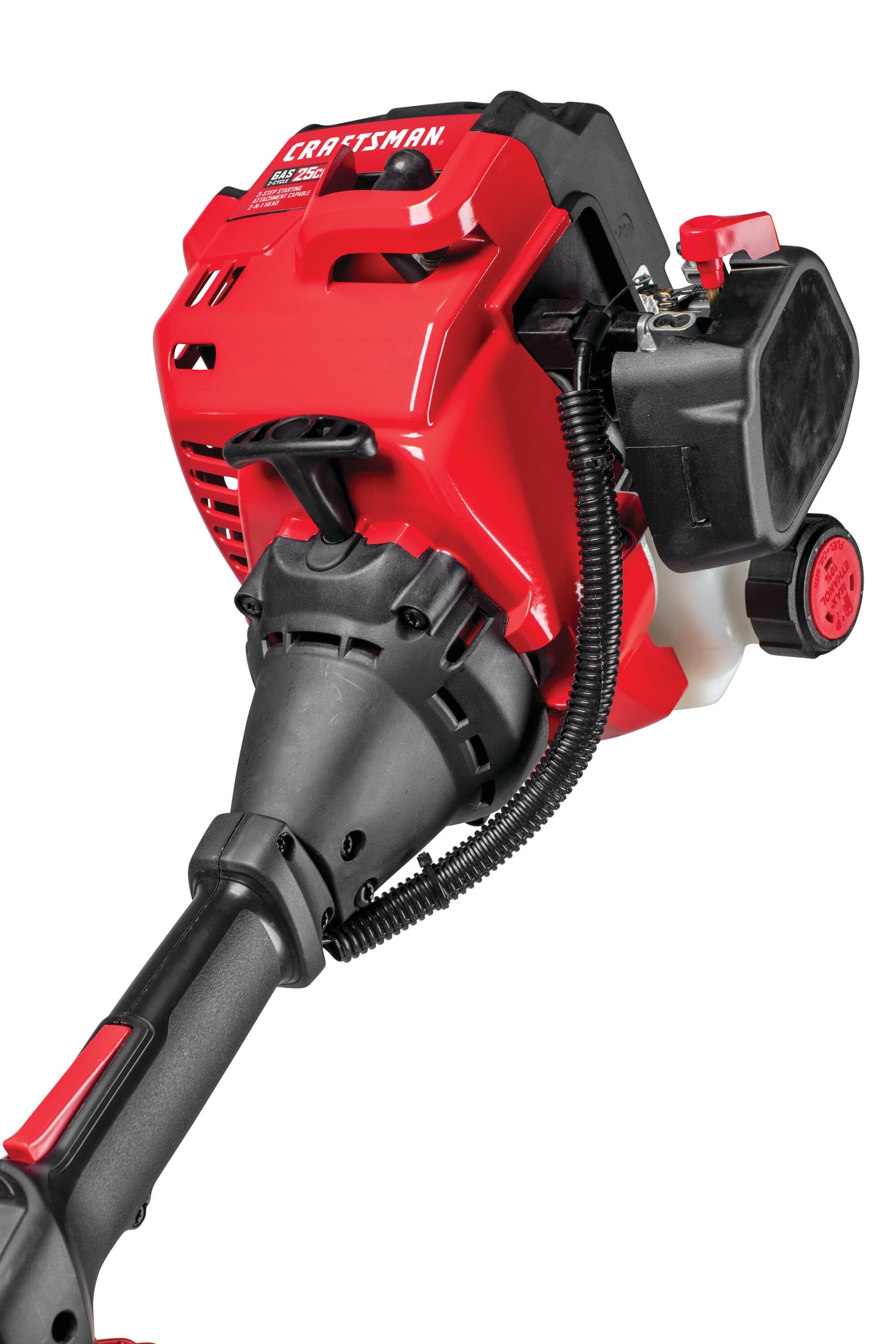 Close-up view of the motor and handle of a red and black Craftsman outdoor power tool, showing detailed components and controls.