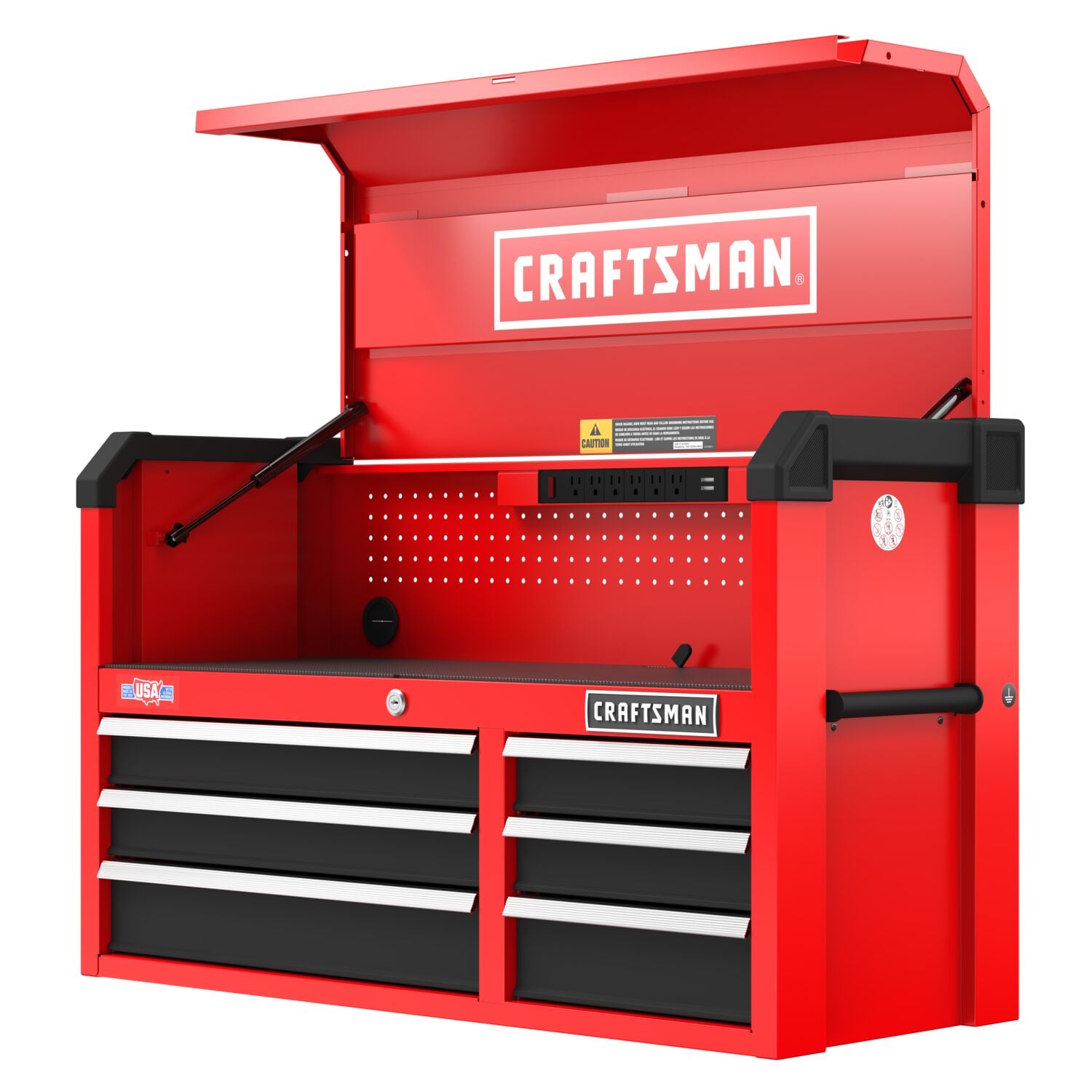 Craftsman red tool chest with 8 drawers, pegboard back, and open top, CMST24110RB white background beauty shot front angle.