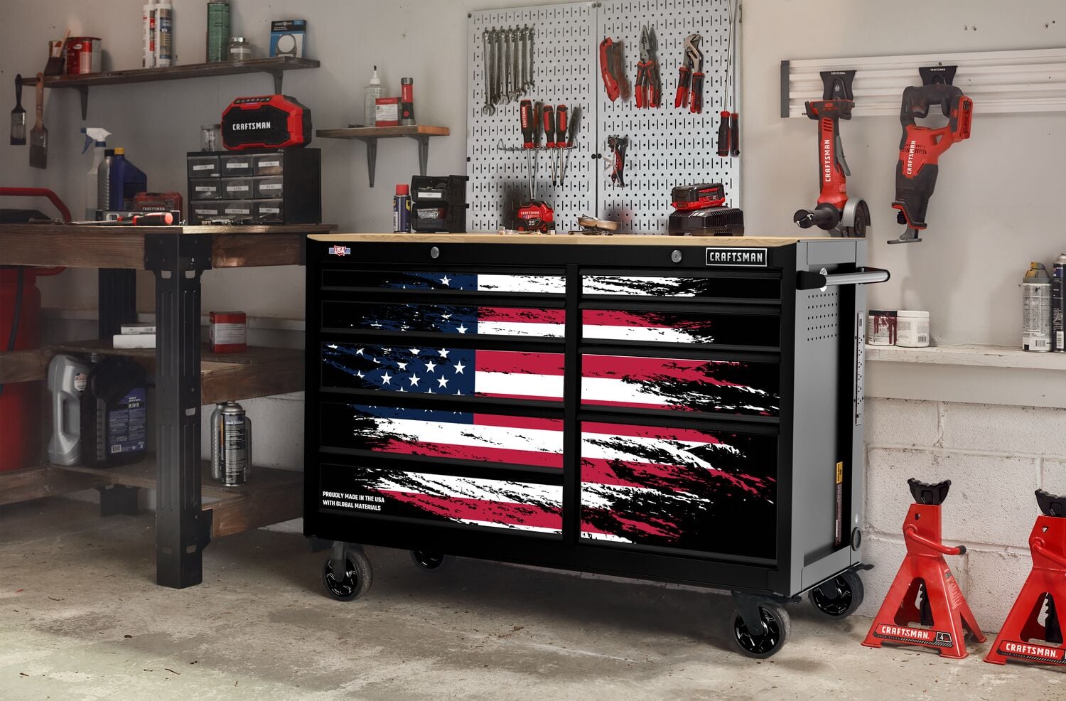 CRAFTSMAN® 63" 9-Drawer Patriotic Workstation in a garage