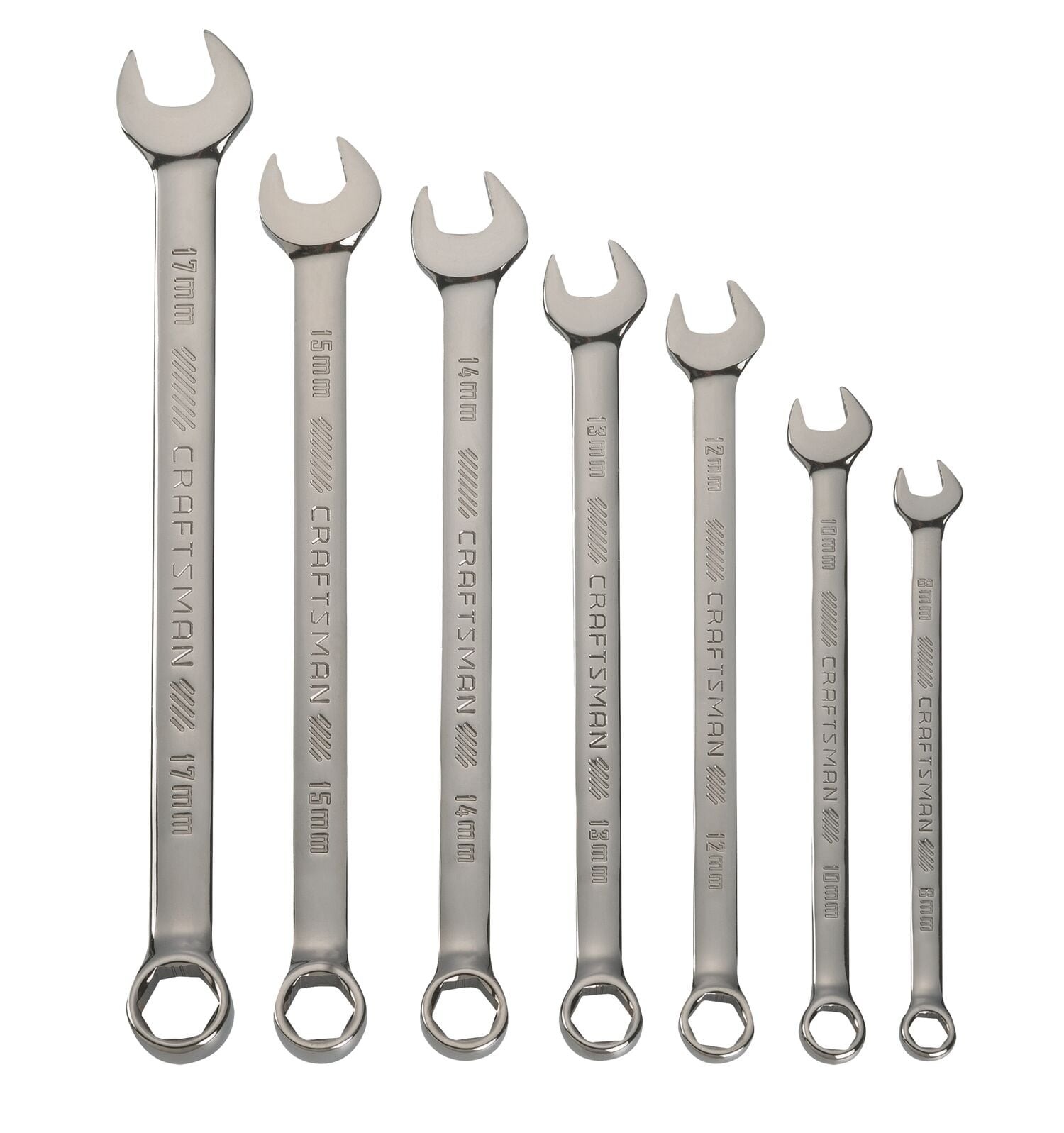 A set of seven metal combination wrenches of various sizes arranged in a row. Each wrench has an open end and a box end, with size markings from 8mm to 17mm engraved on the handles. The wrenches are branded 'CRAFTSMAN.'