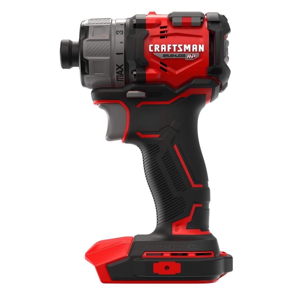 A Craftsman brushless cordless power drill, shown in a side view. The handle is black with red accents, and the drill features a grey adjustable torque ring near the drill bit area.