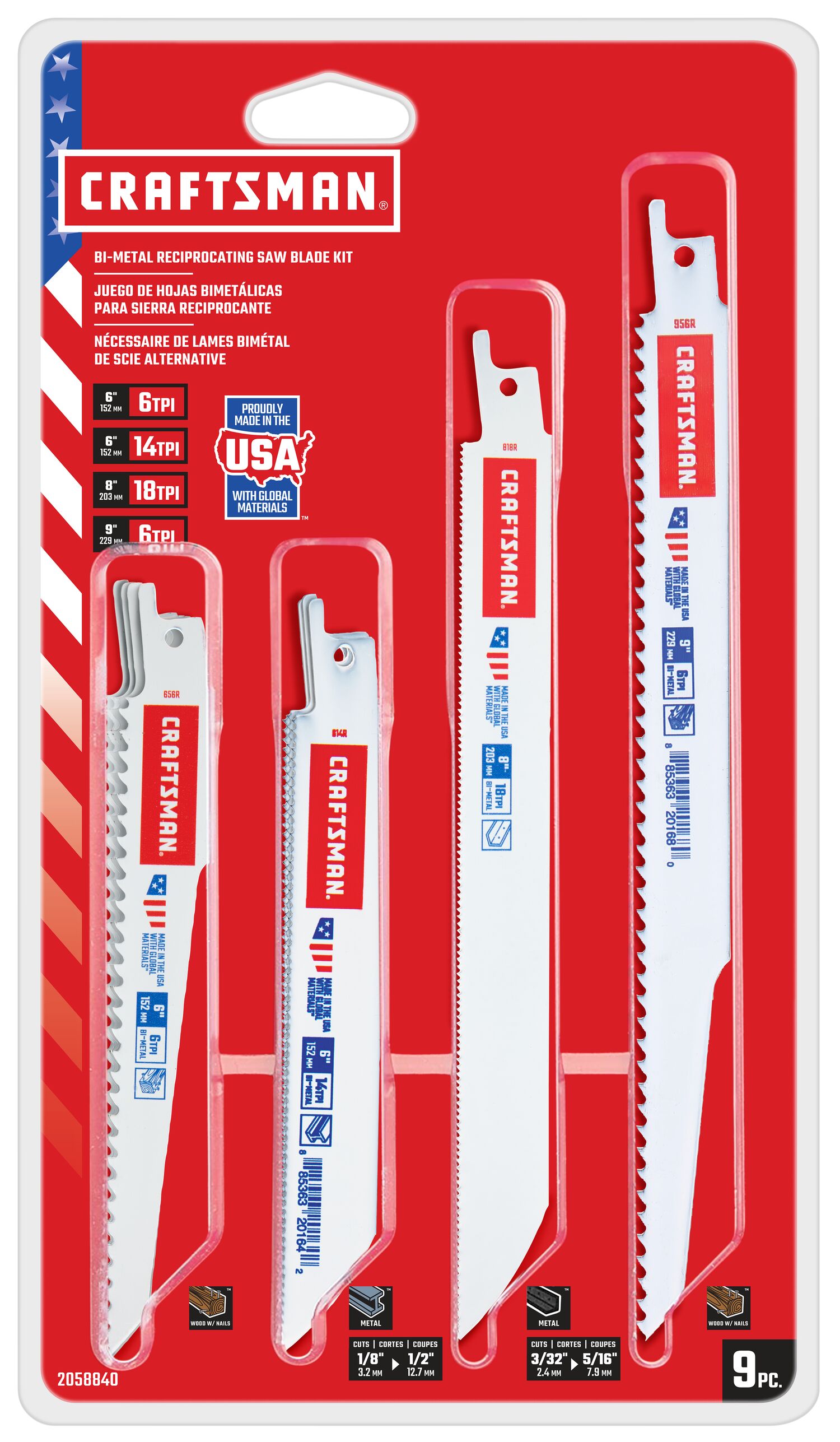 6 inch 6 Teeth Per Inch RECIPROCATING SAW BLADES 9 pieces in carded packaging.