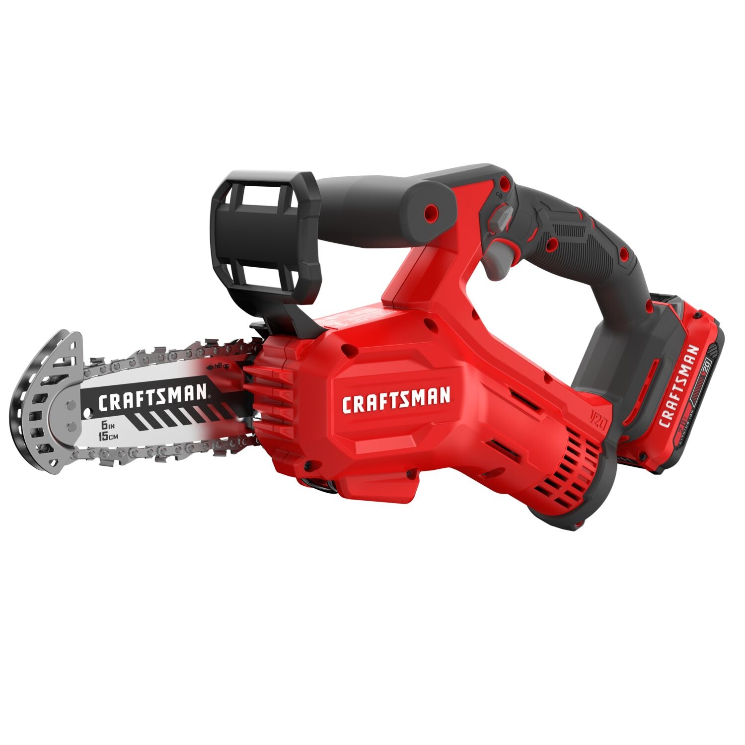 A red and black Craftsman cordless mini chainsaw with a 6-inch bar, compact design, ergonomic handle, and safety guard. The battery pack is attached to the rear of the tool.