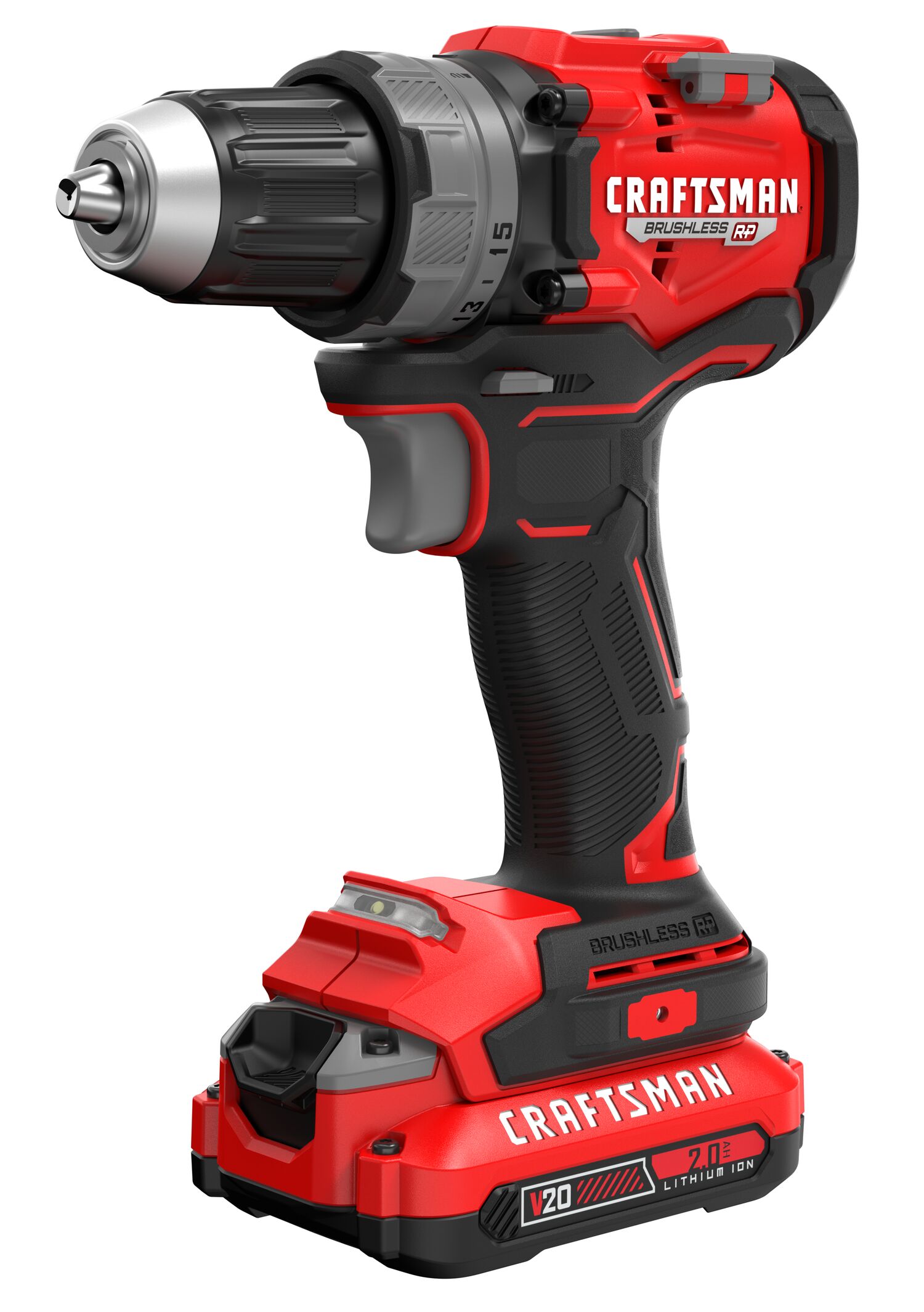 V20* Brushless RP Drill/Driver with a 2 amp hour battery on a white background