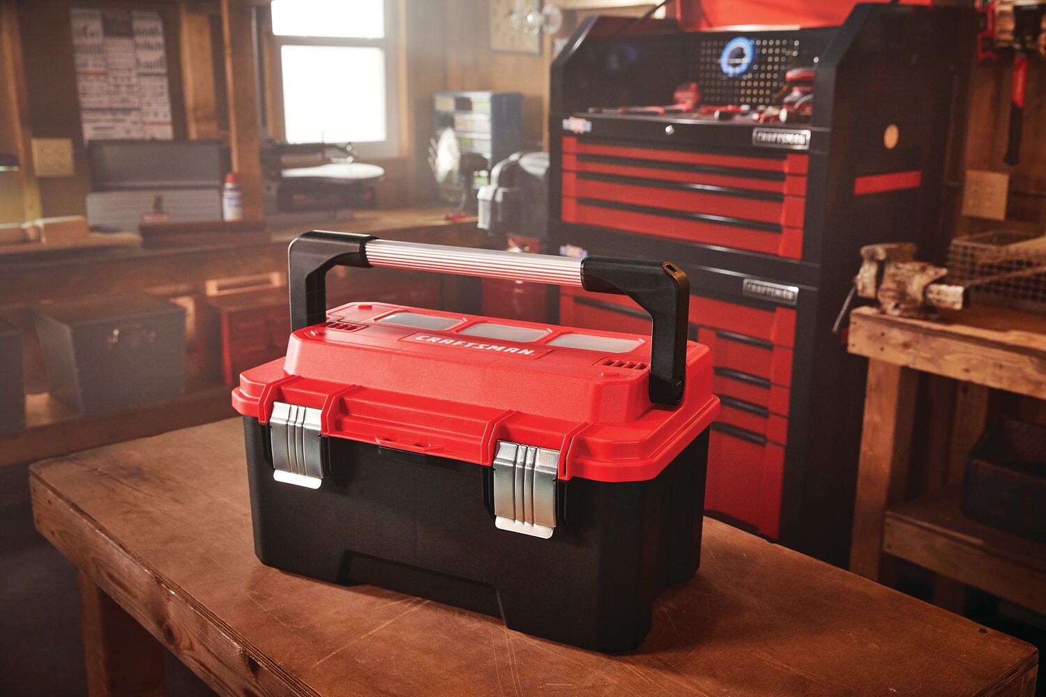 Pro 20 inch tool box with Aluminum handle placed on jobsite.
