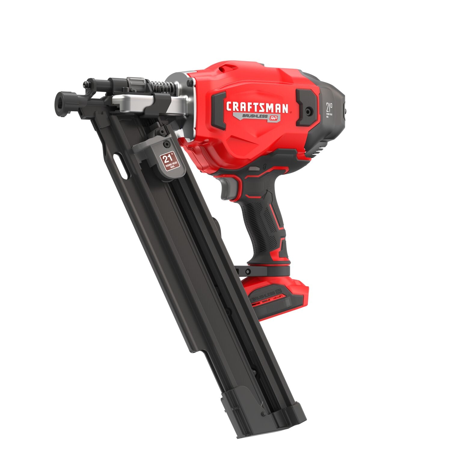 Left profile of 20 volt brushless cordless 21 degree plastic collated framing nailer.