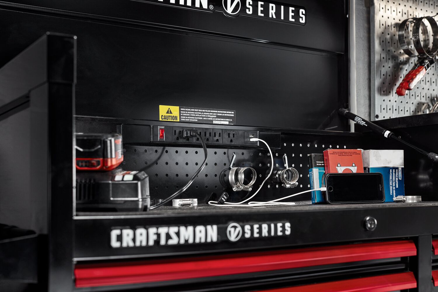 Power strip in chest feature shot on V-Series™ metal storage