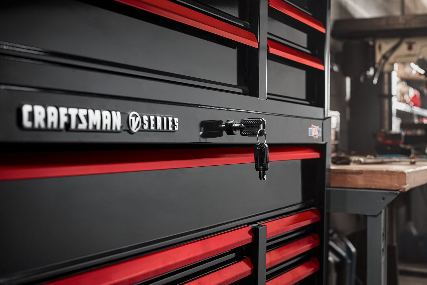 Lock and key feature shot on V-Series™ metal storage