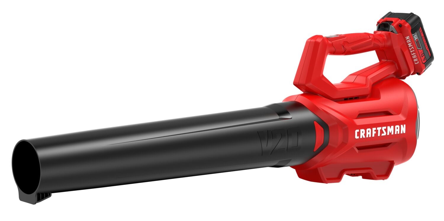 A red and black cordless leaf blower with a handle and a detachable battery, branded with the word 'CRAFTSMAN' on the side.