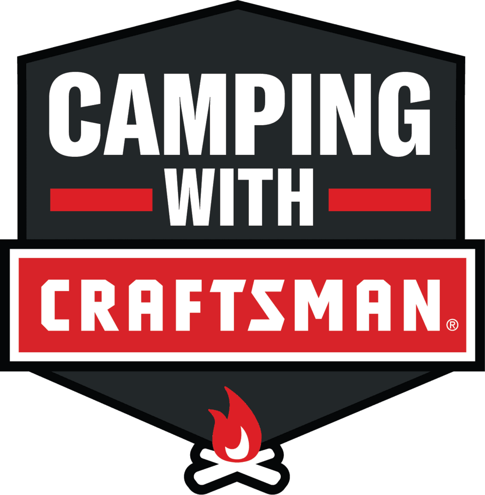 Logo featuring the text 'Camping with CRAFTSMAN' in bold letters, with a stylized campfire and crossed logs at the bottom.
