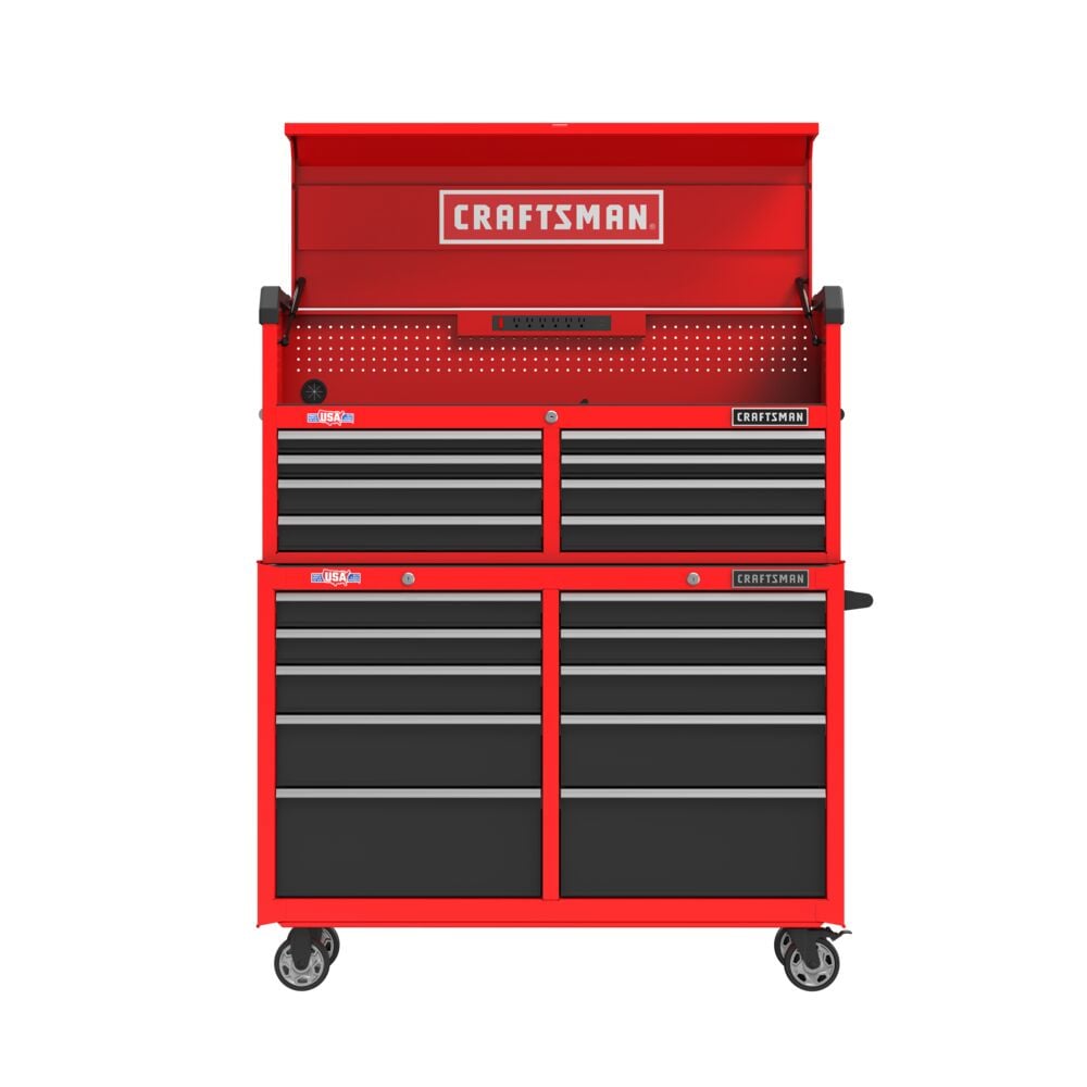 Front angle photo of Craftsman red tool chest with multiple drawers, pegboard, wheels, SKU CMST98273RB.