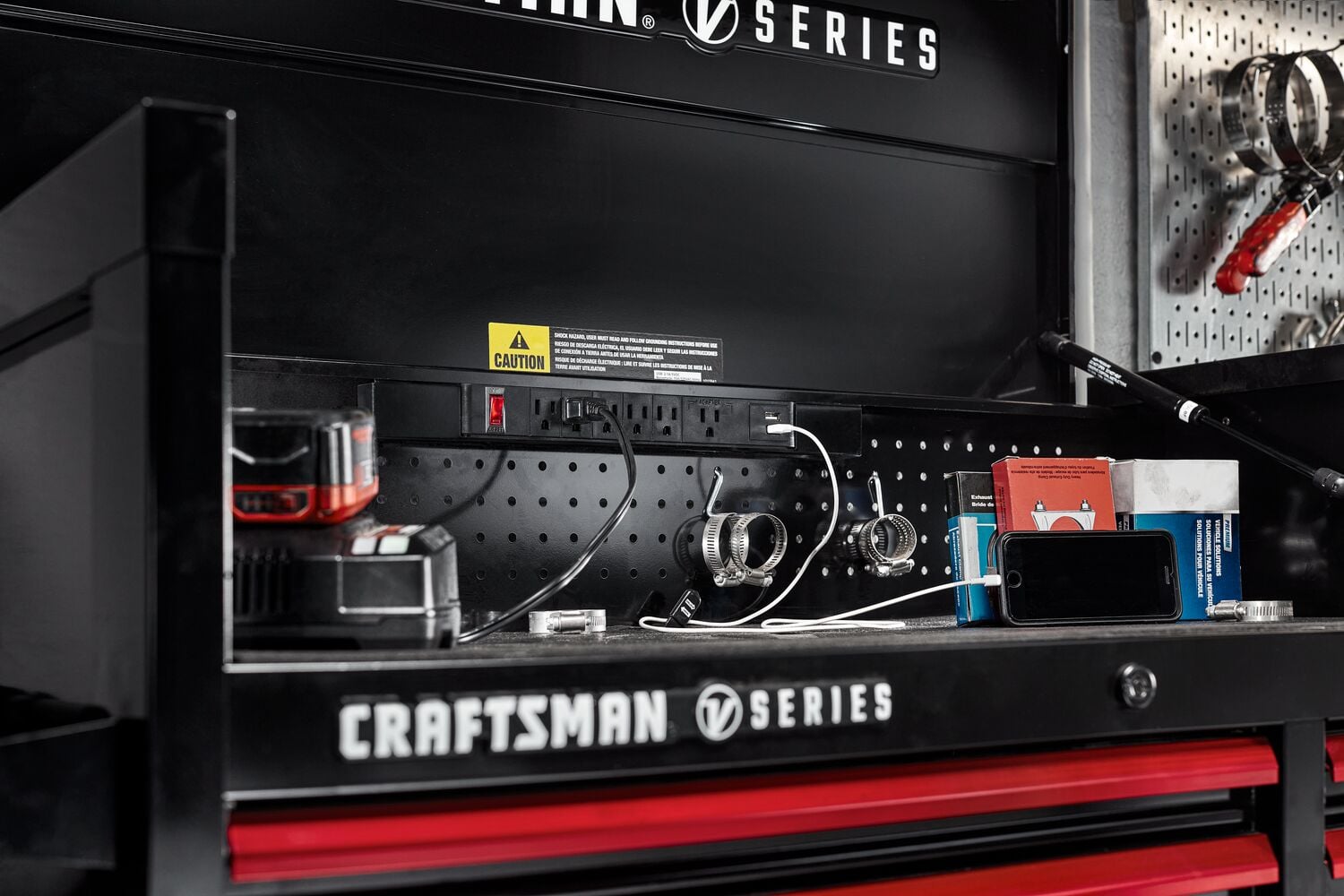 Power strip in chest feature shot on V-Series™ metal storage