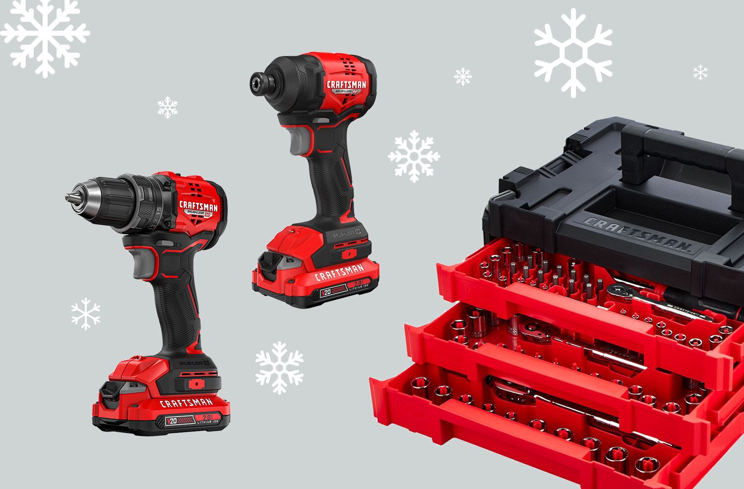 A CRAFTSMAN drill, impact driver and Mech set on a grey background with snowflakes