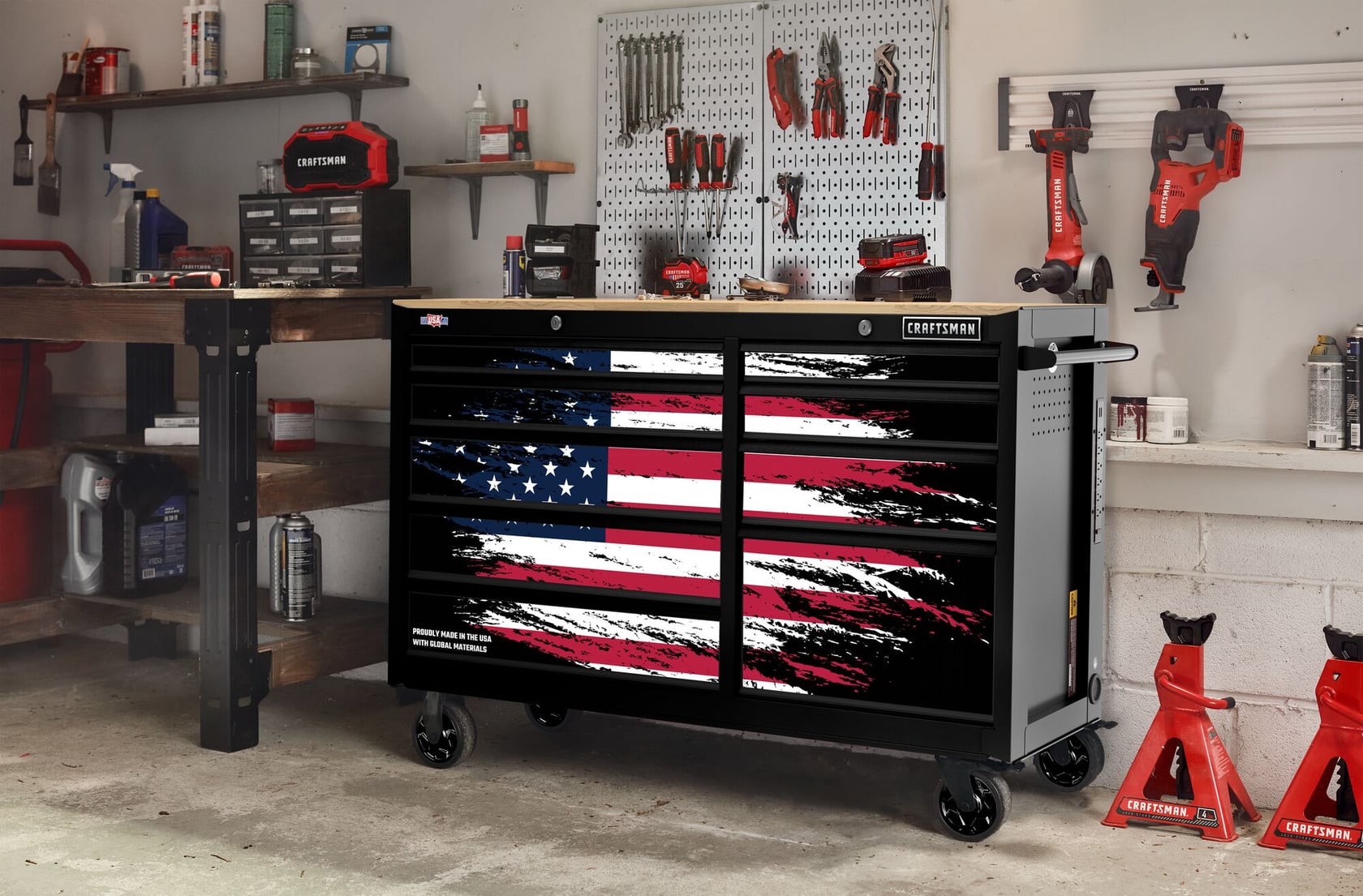 CRAFTSMAN® 63" 9-Drawer Patriotic Workstation in a garage