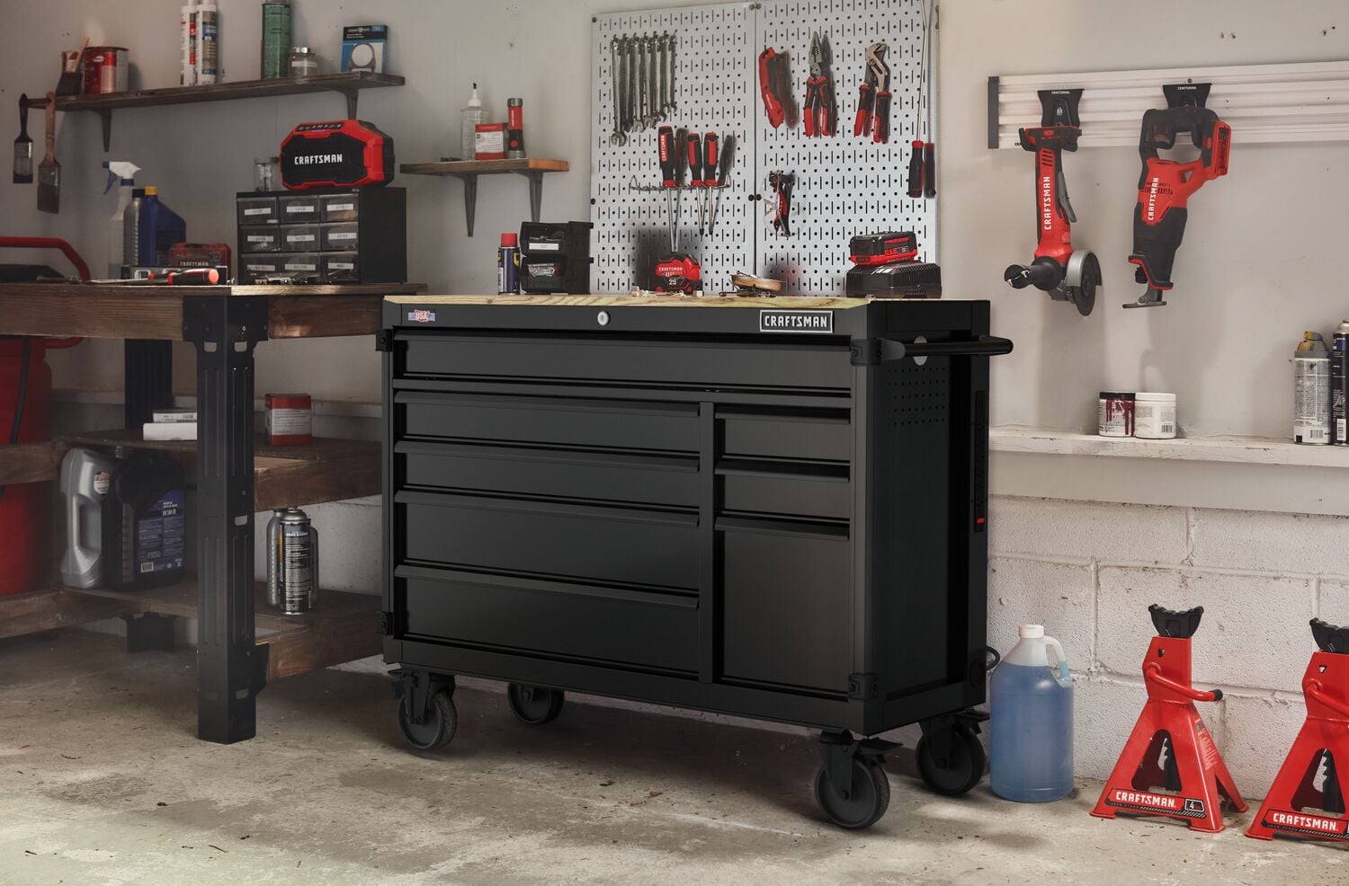 CRAFTSMAN 52 inch Wide 8-Drawer Workstation in residential garage setting