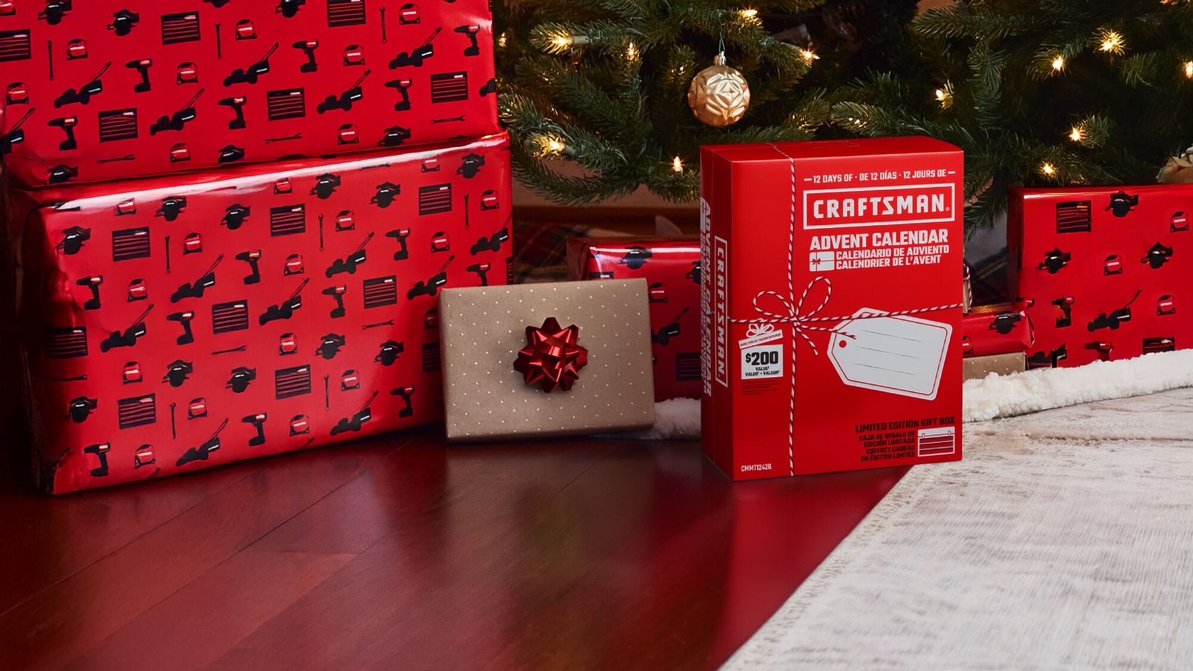 CRAFTSMAN advent calendar box and wrapped gifts are placed under a Christmas tree with lights.