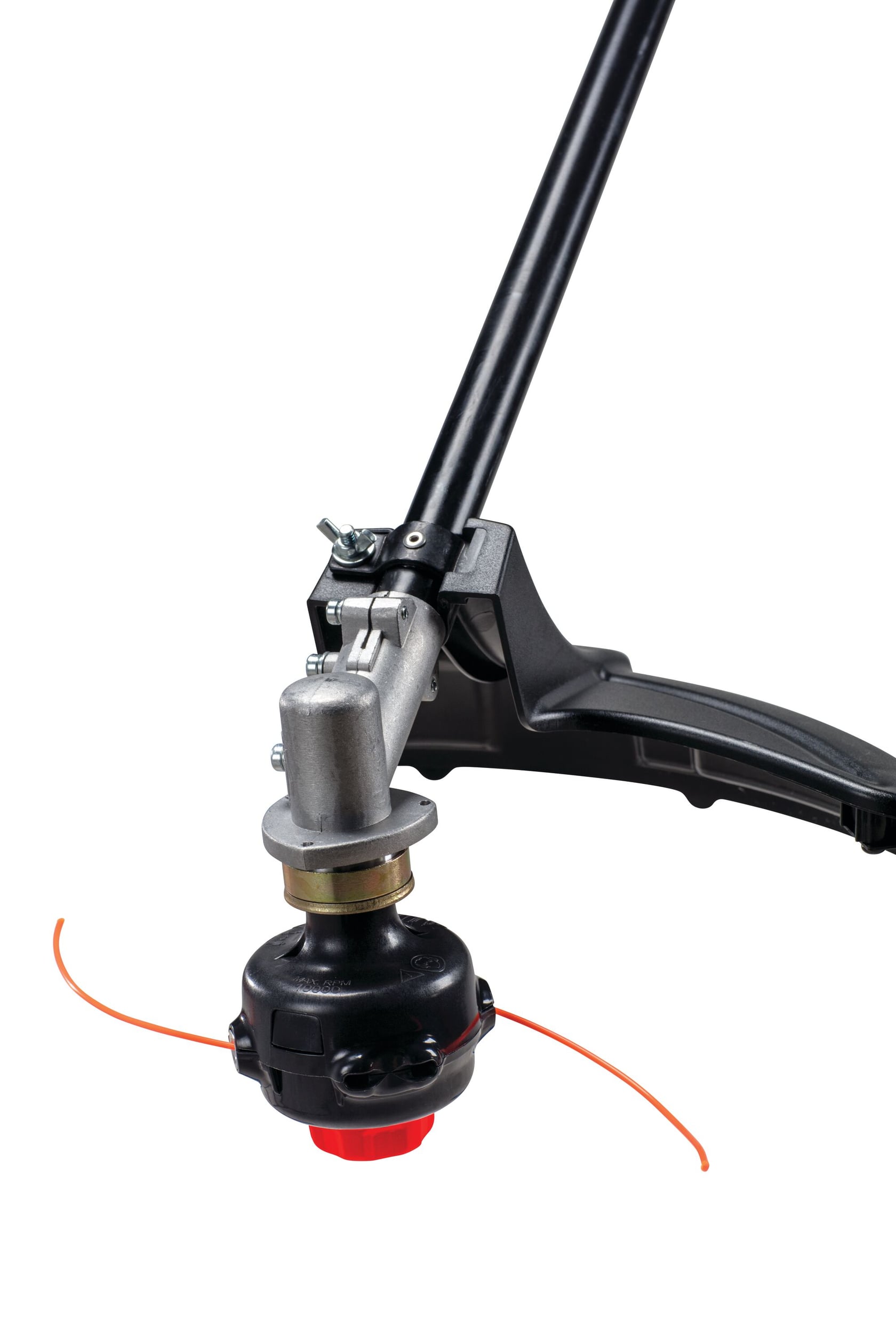 Craftsman string trimmer head with guard, black and red, close-up angle, CMXGTAMDZ22C.