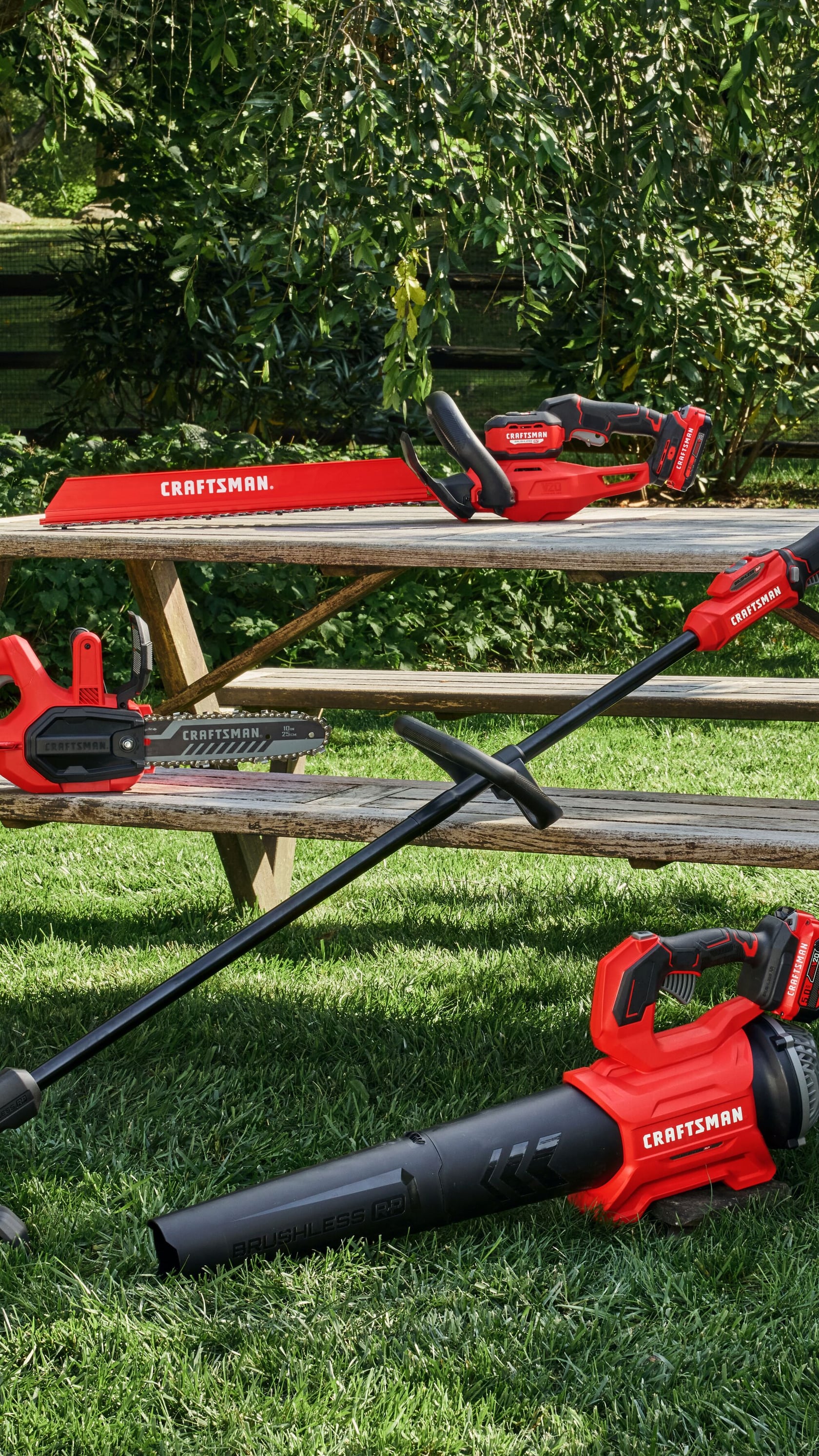 Photo of Craftsman yard tools, including hedge trimmer, chainsaw, and blower, displayed outdoors. SKU not visible.