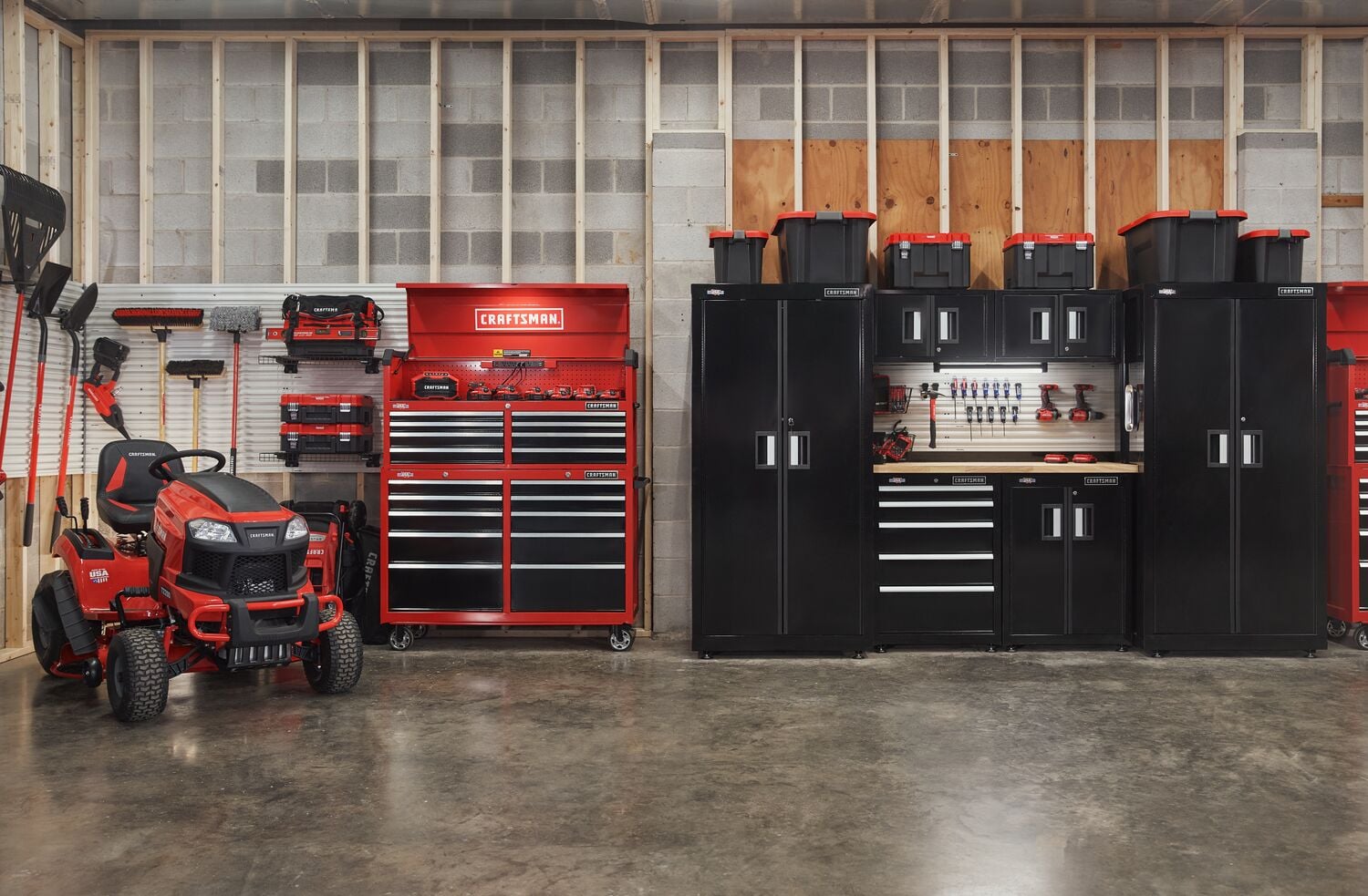 Garage filled with CRAFTSMAN storage, power tools, outdoor products, hand tools, and accessories.