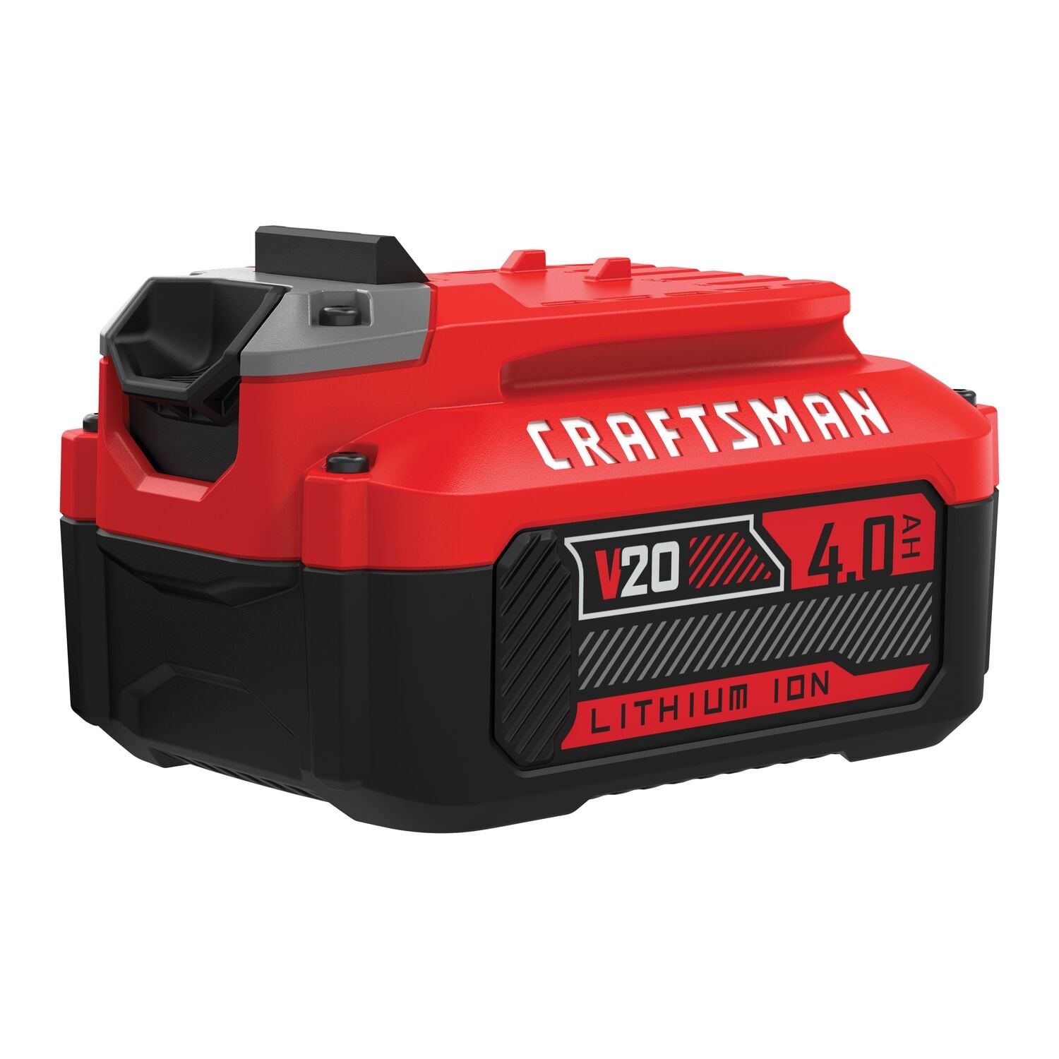 A Craftsman V20 4.0 Ah lithium-ion battery, used for powering cordless tools. The battery is red and black, with a clear label displaying its features and brand.
