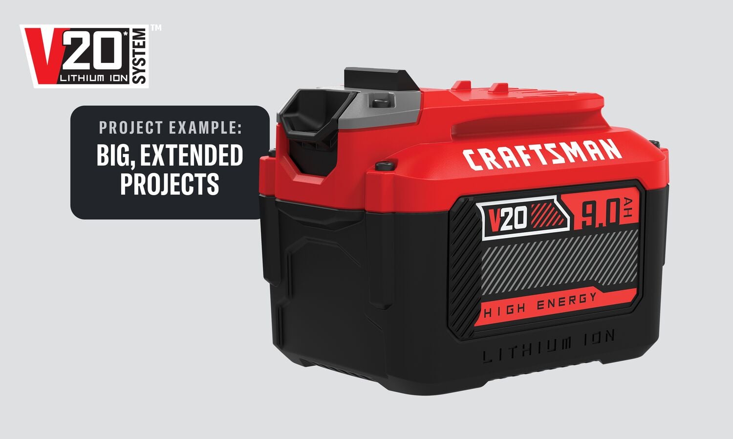 A CRAFTSMAN branded V20 High Energy lithium ion battery with 9.0 amp hours capacity, designed for big, all-day projects. The battery is red and black, and features prominent labeling for its V20 system and high energy rating.
