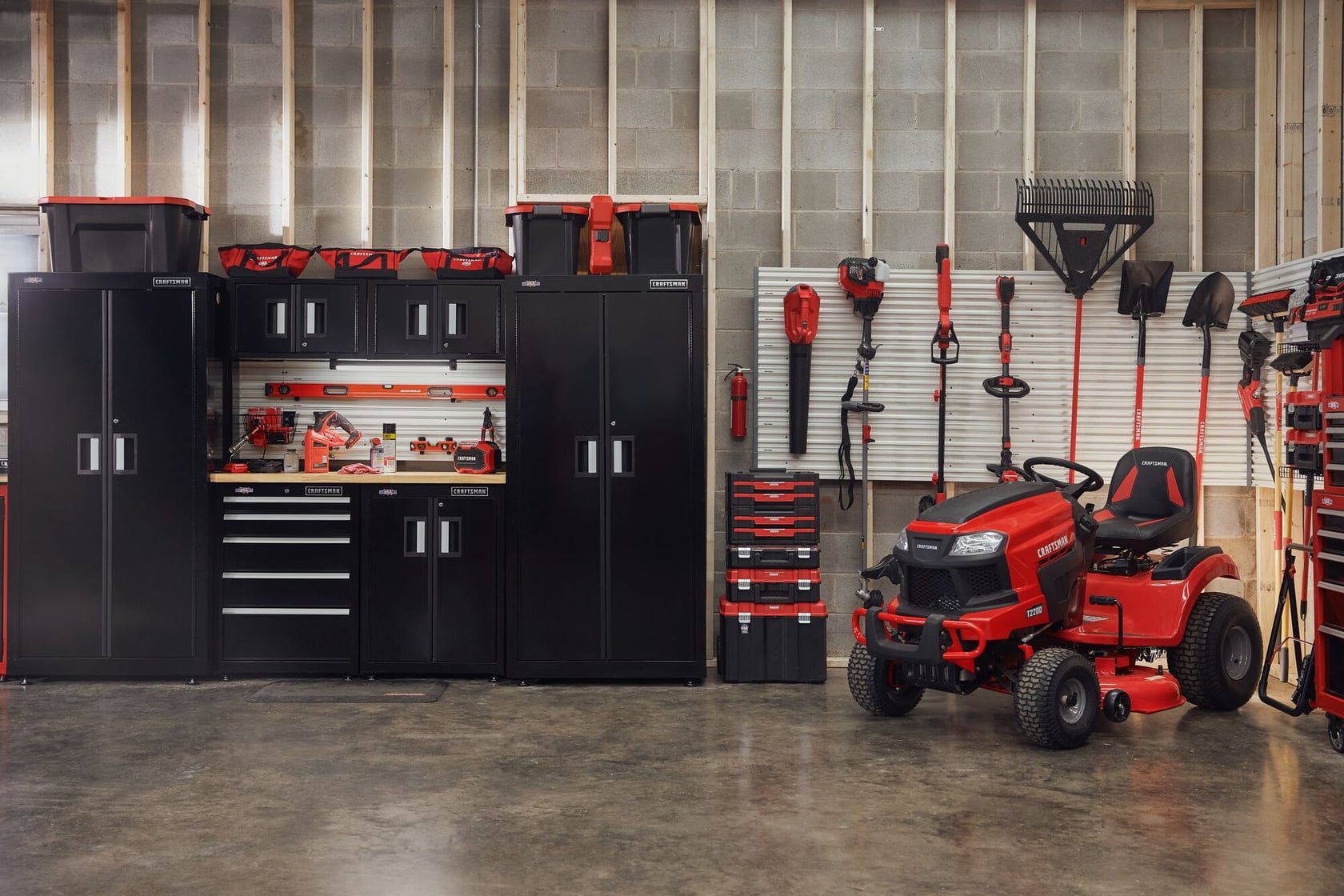 Garage filled with CRAFSTMAN outdoor, storage, and power tools and hand tools