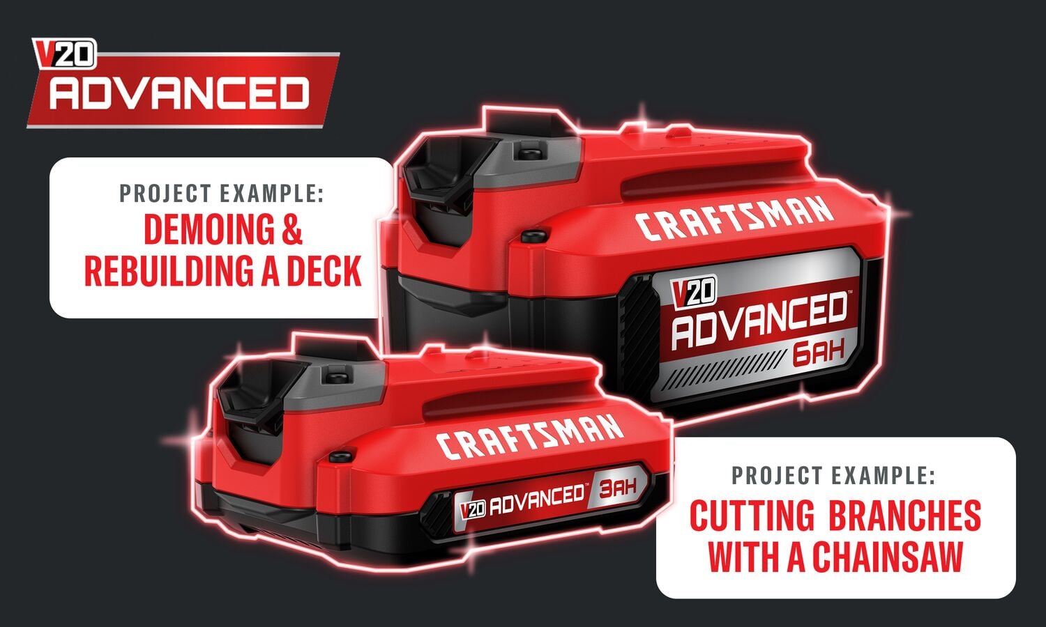 Image showing two CRAFTSMAN V20 ADVANCED lithium-ion batteries, one with 6Ah capacity and one with 3Ah capacity. The text provides project examples: 'Demoing & Rebuilding a Deck' for the 6Ah battery, and 'Cutting Branches with a Chainsaw' for the 3Ah battery.