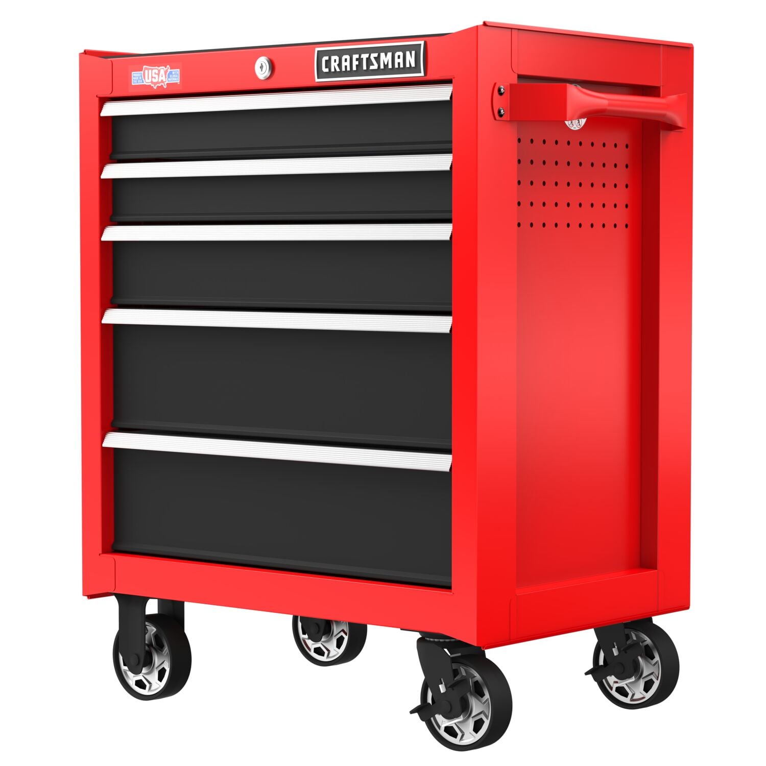 Craftsman red and black rolling tool chest CMST98267RB white background beauty shot front right angle.