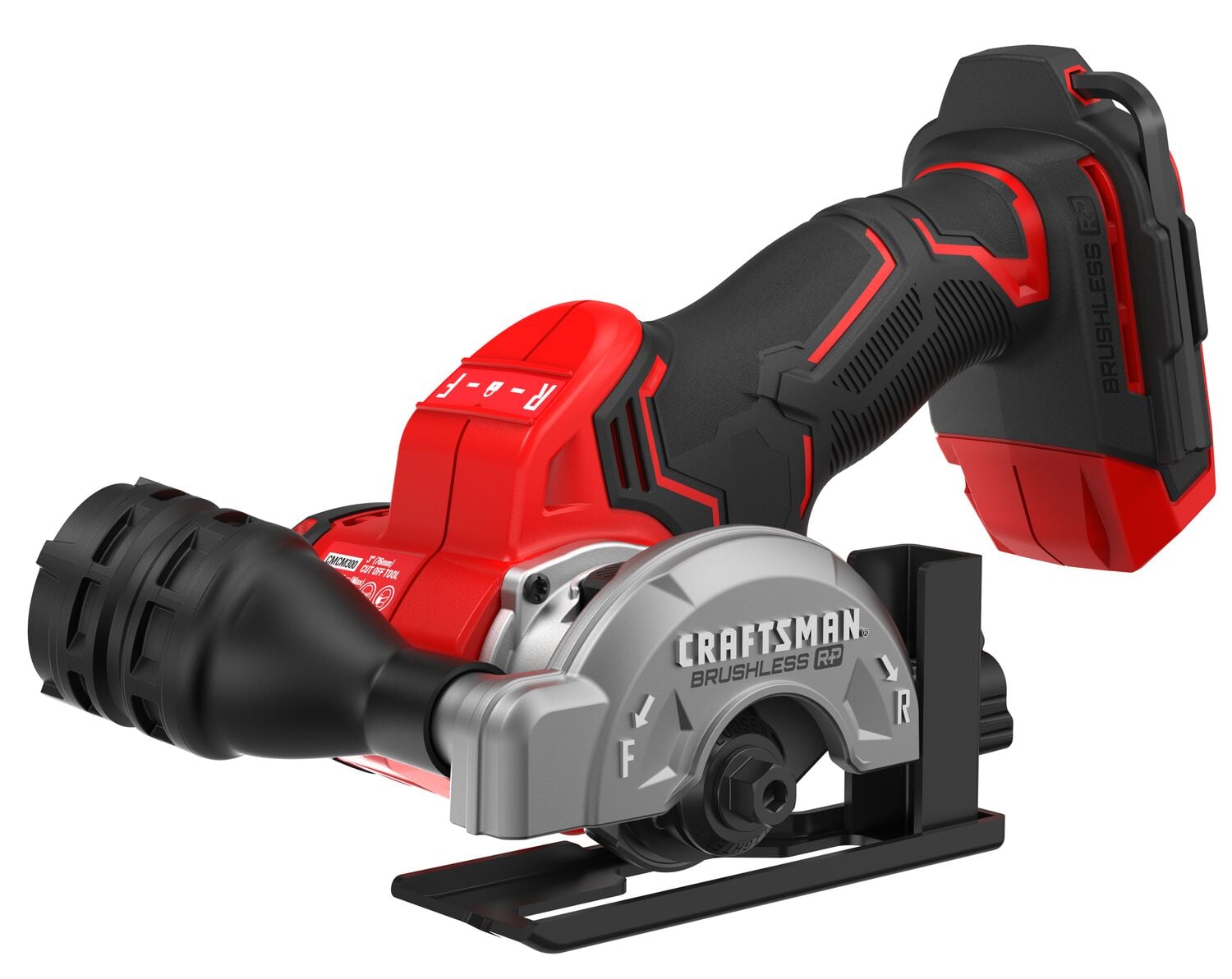 A Craftsman brushless cordless power tool, shown in a close-up side view. The tool has a red and black ergonomic handle, a silver blade guard with directional arrows, and a compact design suitable for cutting tasks.